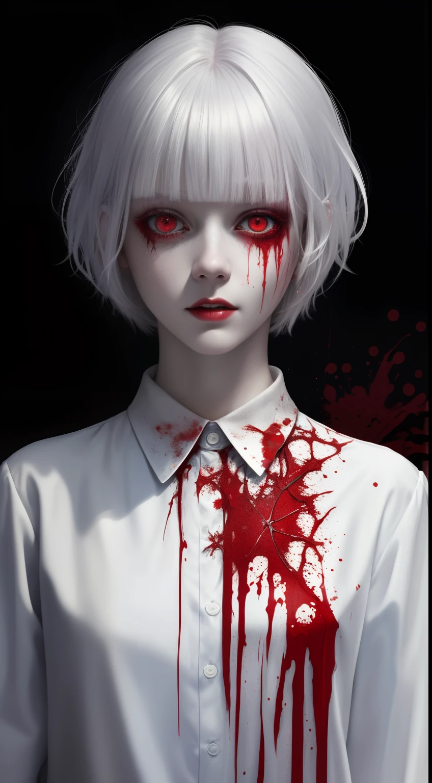 (masterpiece, best quality:1.2), cover image, splashed color background, highly detailed, colorful white, 1 girl, long silver hair, red eyes, short hair, blunt bangs, mannequin, cool face, ((( white clothes))), illustration, horror art, dread, creepy, blood, blood eyes, gore,