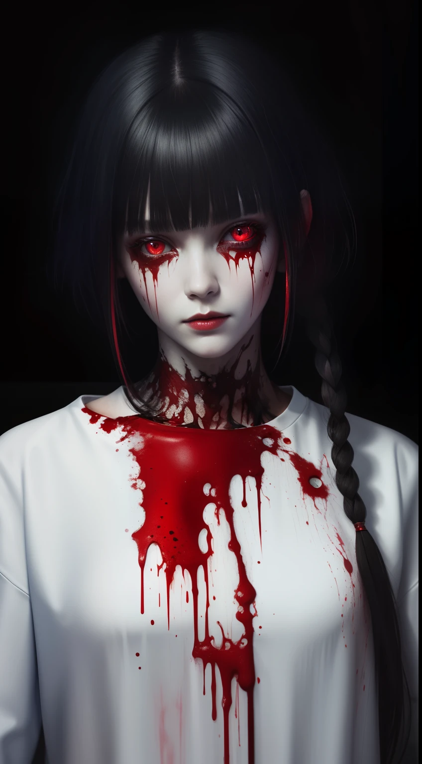 (masterpiece, best quality:1.2), cover image, splashed color background, highly detailed, colorful black, 1 girl, long silver hair, red eyes, short hair, blunt bangs, mannequin, cool face, ((( white clothes))), illustration, horror art, dread, creepy, blood, blood eyes, gore,