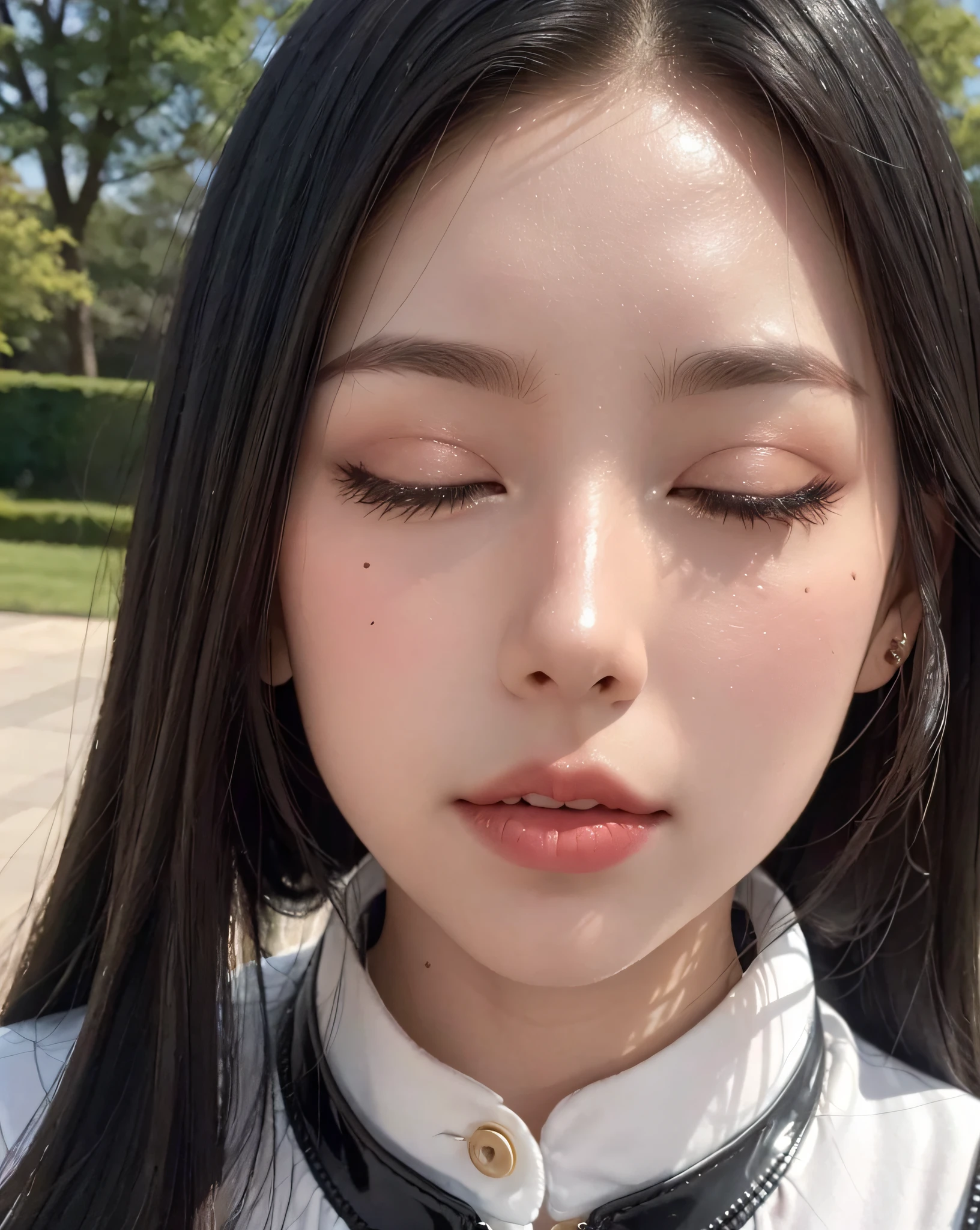 (A high resolution,high lighting,4K), (1girl:1.37, solo), face only image, face close-up image:1.5, the face,详细的the face,trpical garden,short detailed hair,closed eyes, (((incoming kiss:1.5, blush))),(close-up face:1.5),The sun at noon,huge tit),looking at viewert,Close range - intensity,Black latex clothes,Keep one's mouth shut, facing the viewer, looking up the viewer,