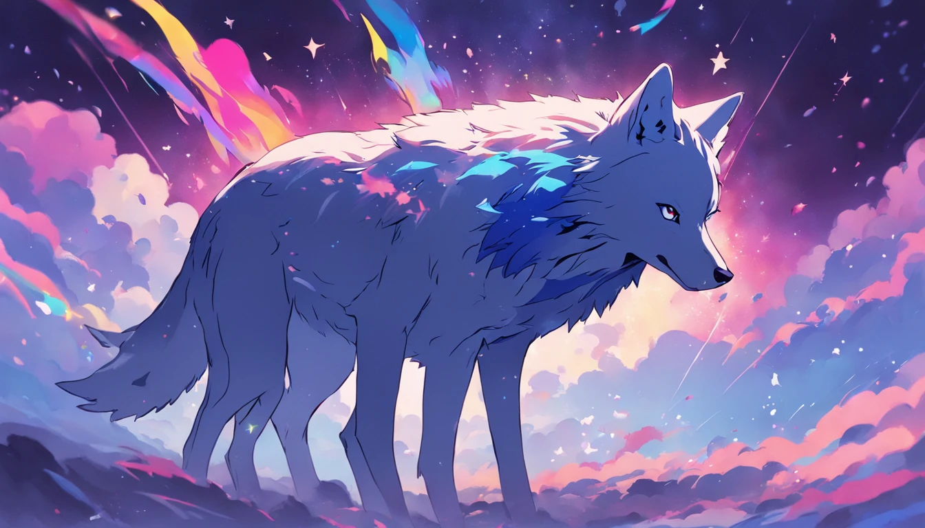 Card frame　Blue wolf　with rainbow colored background　Extremely colorful　Design Starfield