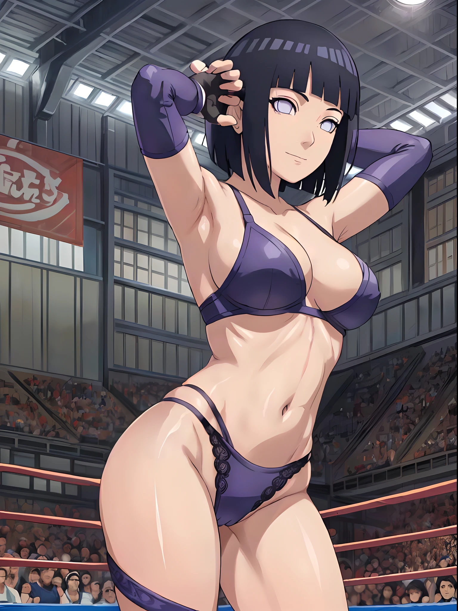 (WALLPAPER, (hinata\(boruto\), white pants, masterpiece, 4k, vector coloring, whole body shot, (high color saturation), contrast lighting, mature female, (curvy:0.8), solo, anime style, sharp focus, professional artwork, intricate details, ((wrestling stage, wrestling ring, champion, spectators on background)), colorful, vibrant colors, vivid colors, digital blending, ultra detailed body, ultra detail hair, ultra detail face, trending on pixiv, very hot colors, sunny day, outdoor, detailed bold arm lines, high color saturation, bold lines, bold drawing lines),
(standing, closed mouth, kind smile, extremely happy, sexy pose),
((dark blue hair color:1.1), wavy hair, ((short hair, hime cut)),
(perfect eyes, white sciera, bright eyes, white eyes, anime eyes, smoky eyeliner, eyeshadow)
(white skin, slender body, milf, navel, groin, flat belly, perfect face, perfect thighs),
(Thighs, ultra detailed breasts, legs, big breasts, perky boobs, off-shoulders, (groin, detailed shoulders),
(almost naked, bare chest, bare shoulders, bare hands, bare legs, bare body),
(Naked, totally topless, totally clean body totally clear body, (micro thongs), no top, (black mini gloves, short gloves, fingerless gloves))