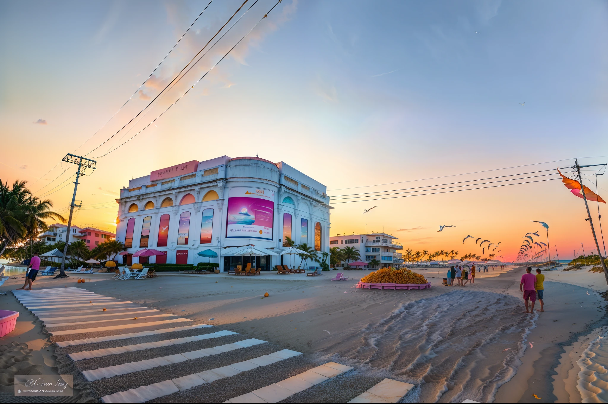 Oranges, pinks and yellows blend together to fill the sky, and the sunset over the beach is truly mesmerizing. The crystal clear waters gently kiss the coast, and the white sand beach stretches out endlessly. It's a dynamic and breathtaking scene with seagulls soaring high into the sky and palm trees gently swaying. Take in the calm atmosphere and peace will wash you away.