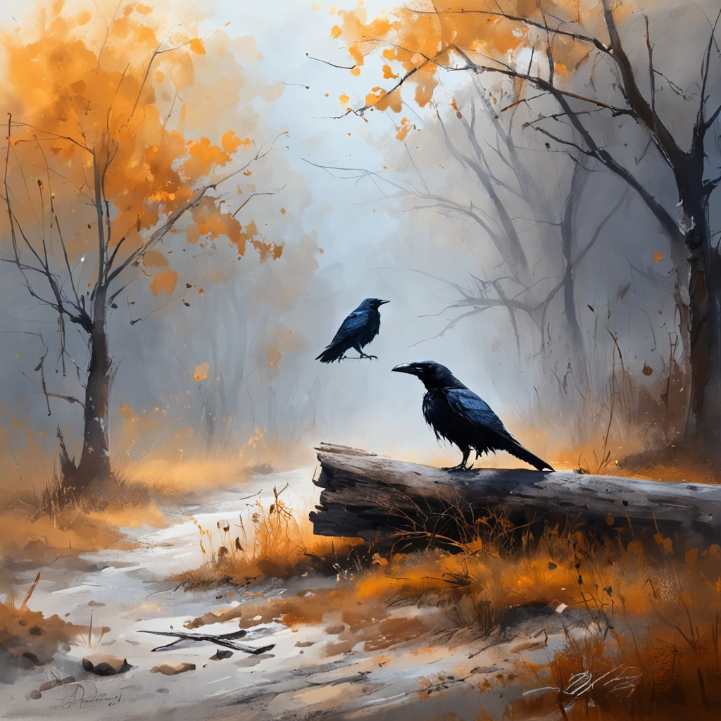 Two crows on a dead tree, A shadow shaped like a walker, Starry night, Thick fog on the ground, Blue light on the horizon, Unreal Engine 5, Cinematic, low angle photography, Motion blur, Depth of field, Dust, Cobblestones and dirt. Splash Art, dripping paint. Perfect color grading. Influenced by Karel Appel and Jeremy Mann, Full of dramatic and threatening scenes, Hyper-detailed, Beautiful, insanely details, Intricate details, editorial photography, shot with a 50mm lens, Depth of field, Tilt Blur, Shutter speed 1/1000, f/22. Lightmaps, Super bright