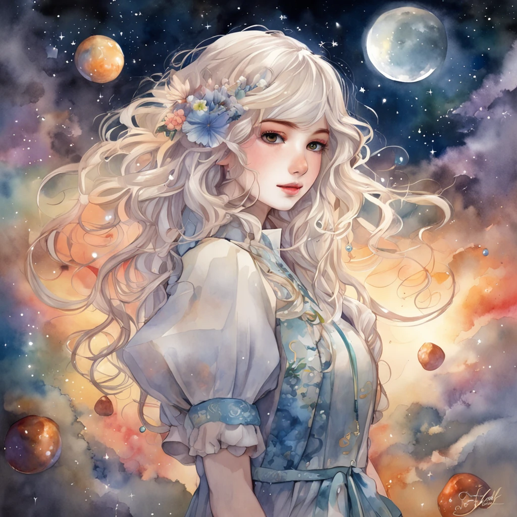 ((Masterpiece)), (((Best quality))), ((Ultra-detailed)), ((illustration)),[realism light effect],black shadows,(Fantasy style),(White background:1.6), Simple background, (earth theme),(cloaks)[(hair focus,((1girll)),[(big slime hair): (Cloud hair):0.3], (hair on background),(High saturation), Different doors，in the beautiful garden((Detailed starry sky with colorful galaxies and galactic clouds):1.2)):0.35], (((tmasterpiece))),(((best qualtiy))),((ultra - detailed)),(illustratio), (dynamic angle),((floatking)),(Paintwork),((Loose hair)),((beautifull detailed face)),collars,cropped shoulders,((The color hair)),((Striped hair)),Beautiful detailed eyes,(Gradient color eyes),(((Colored eyes))),(((coloured background))),(((high saturated))),(((Surrounded by colorful splashes))),(((Surrounded by colored dots))),Colored bubbles,((Shiny))