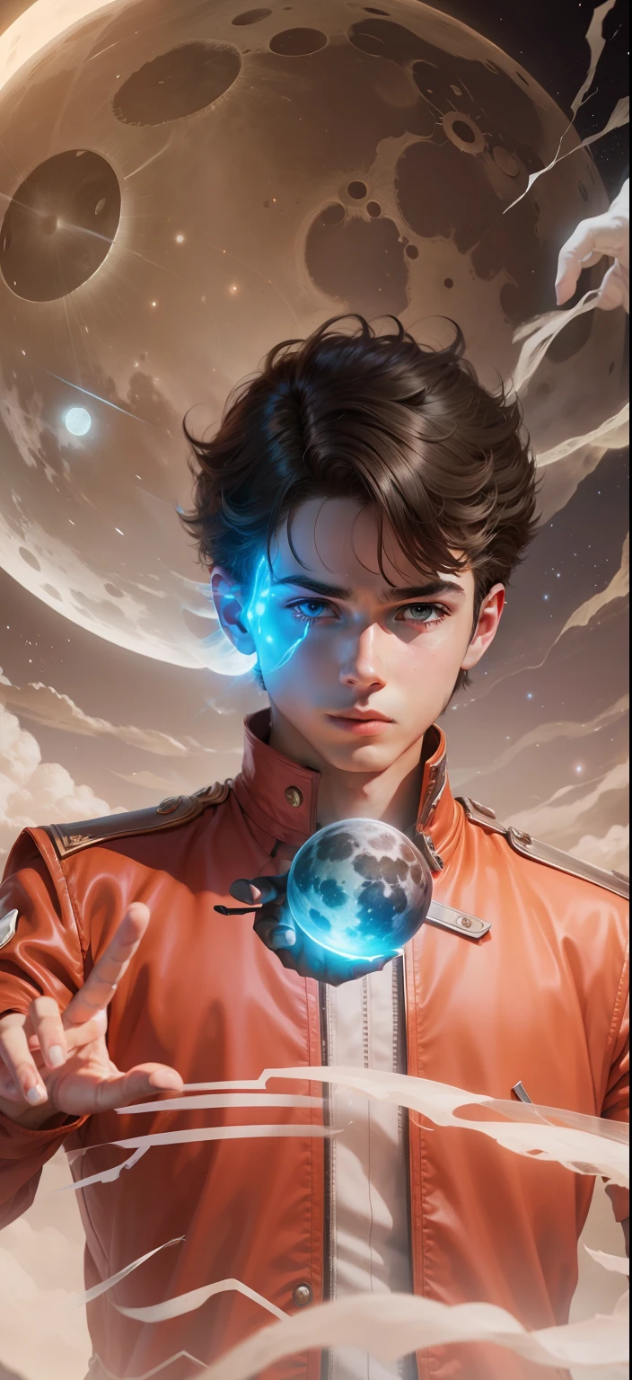 Boy With hand Magic Futuristic moon background realistic face ultra realistic high quality HD