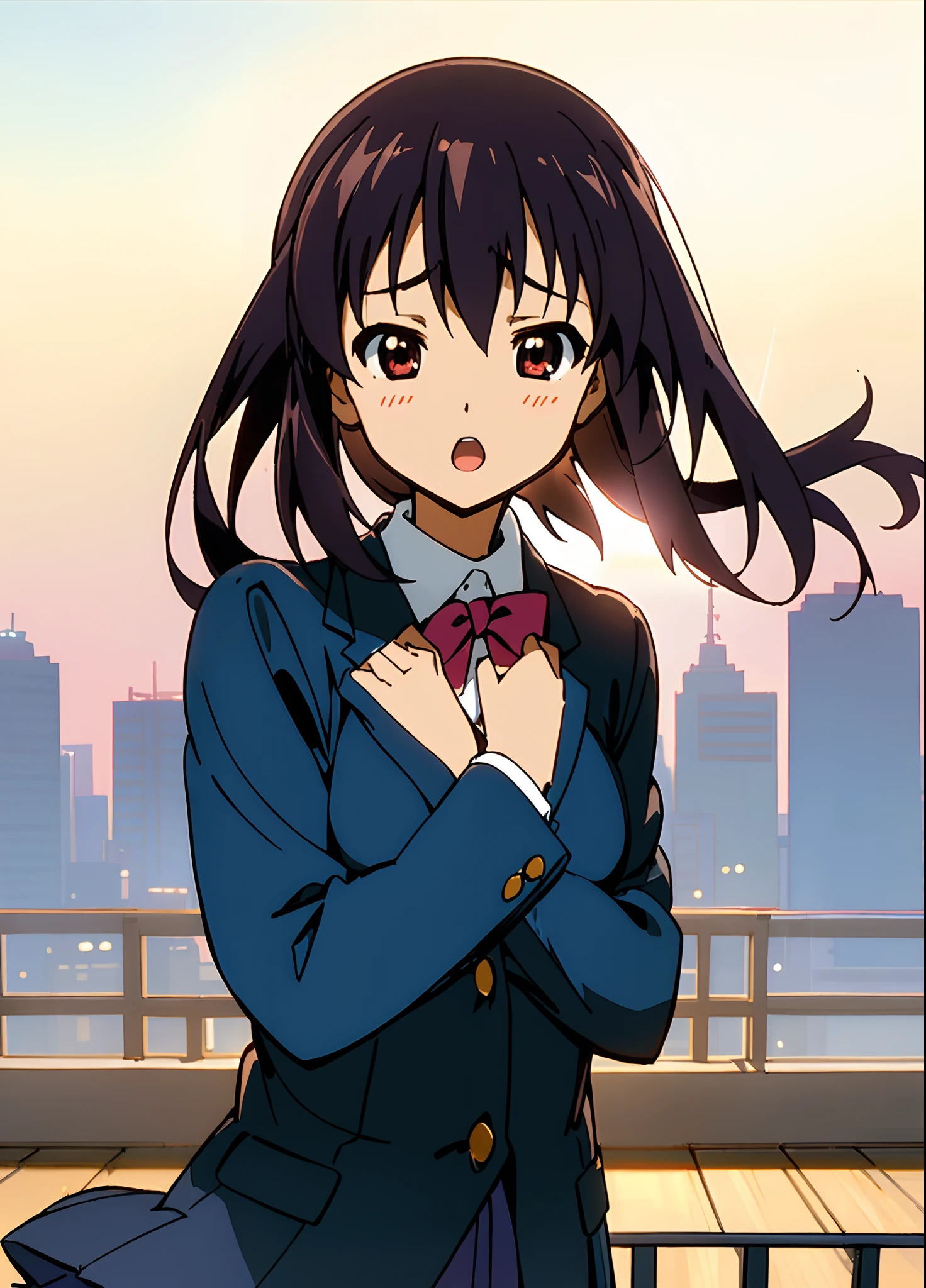 1girl, (((​masterpiece))), top-quality, top-quality, High Details, nakano azusa, 1girl, Sakuragaoka High School Uniform, student clothes, Twin-tailed, length hair, A dark-haired, brown-eyed, 独奏, reddish, Dark blue blazer with thin red ribbon, Solid white buttoned shirt under blazer, illustratio, comic strip, soothing tones, Subdued Color, Soft cinematic light, adobe lightroom, photolab, HDR, intricately and hyper-detailed、(((depth of fields))))。(((​masterpiece)))。(((top-quality))).)((ultra-detailliert)))。(((illustratio)))。(((takeout))).dynamic focus.big breasts.(((Skyscrapers))).(((A city scape))).(((Face of sadness))). open mouth.(((fighting stance))).(((up chest))).((evening glow)).((the setting sun)).