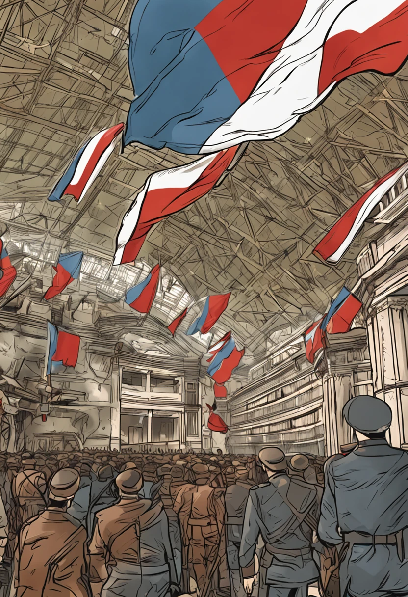 Reichstag in Berlin, 1945 Soviet troops planted the Soviet flag on it(closeup cleavage) (The picture is serious and not cartoonish)