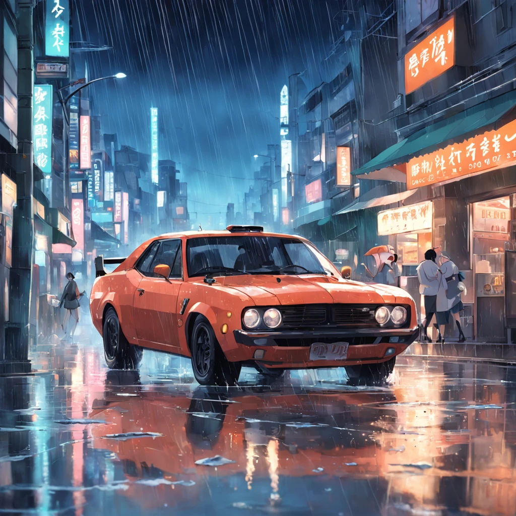 rainy evening、Food delivery、fancy car、Knock down、the street、Slippery creaming。