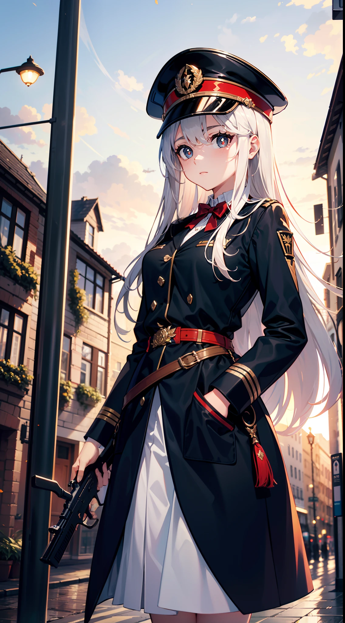 (Beautiful wallpapers),Kizi,whaite hair,long whitr hair,red pupils,(Great Germanic Empire),New World Order,Germanic period,(Urban background in Western Europe),With magnetically controlled rifle,Return to the world of German headquarters,Extremely high level of technology