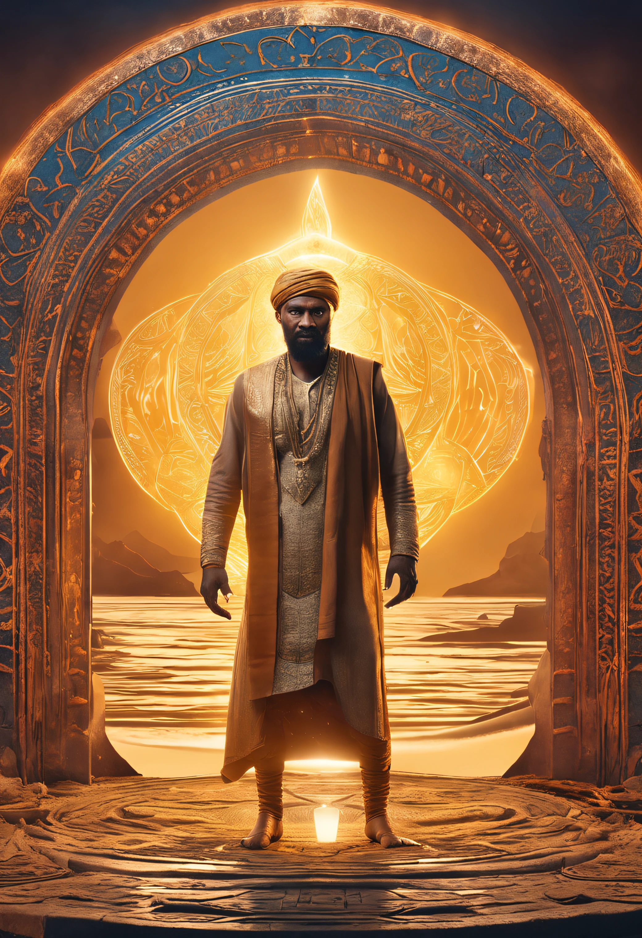 A circular shining golden luminous magical portal [portal of golden light like created by Dr strange] opening on a beach [at 45 degree angle], a warrior  emissary [looking like african-arab person, dressed in light brown persian clothes, alpha male figure, a persian turban on head],  coming from another world to this world from the portal seated on a muscular black great horse [half horse inside the portal, half horse outside the portal], horse galloping, night inside the portal, morning outside the portal,  sun on left side of portal, background lighting, focus on horse, sun and portal