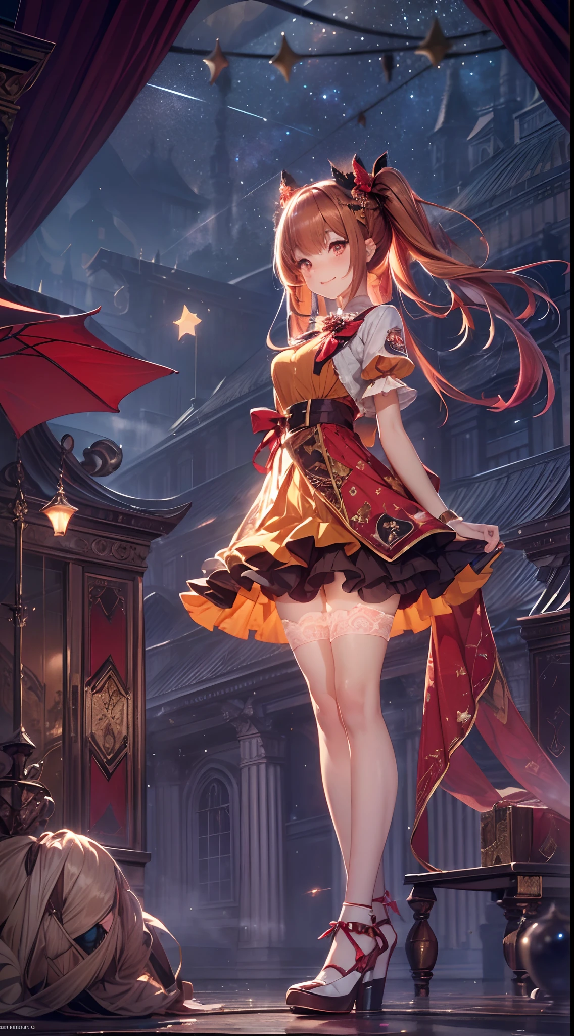 (fullbody, legs and shoes visible: 1.2)) expressive eyes, woman, pale skin, long hair, windblown hair, ((long hair)), long sidelocks, hime bangs, hair fringe, hair bun, ((long twintails)), flaming hair, red hair, blushing, full face blushing, big sparkling glowing red eyes, (gradient eyes), open mouth smile, cute pose,
flowy flaming dress, ((scarlet multicolored open dress)), (mist), orange ruffles, yellow frills, (light red lace), detached short sleeves, puffy skirt, ((fire and stars print skirt : 1.3)), ta skirt, dark red bows, ((pompon ribbons hair ornament : 1.4)), multiple bows, striped lace stockings, (heart shaped leg garter), cute (dark orange) shoes ((hyperdetailed clothing and fashion)) looking at you, vintage girl, blushing, (beautiful detailed eyes), (extremely detailed CG unity 8k wallpaper) (best shadow), ((an extremely delicate and beautiful)), (detailed light), ((depth of field)) big head, big sparkling eyes, moe, splash art, cinematic lighting, frontal view, volumetric lighting maximalist photo illustration 64k resolution high res intricately detailed complex key visual precise linear
((in the dark palace background, surrounded by expensive decor, shooting stars)) ((hyperdetailed scenery, foggy, darkness : 1.3))
