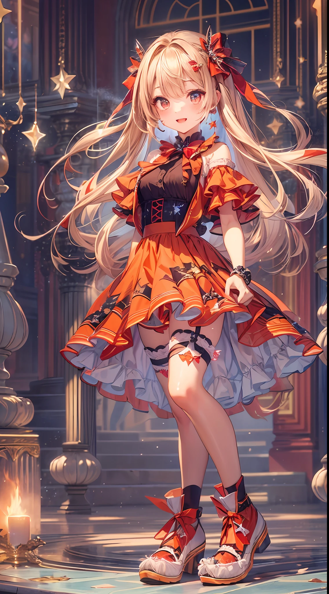 (fullbody, legs and shoes visible: 1.2)) expressive eyes, woman, pale skin, long hair, windblown hair, ((long hair)), long sidelocks, hime bangs, hair fringe, hair bun, ((long twintails)), flaming hair, red hair, blushing, full face blushing, big sparkling glowing red eyes, (gradient eyes), open mouth smile, cute pose,
flowy flaming dress, ((scarlet multicolored open dress)), (mist), orange ruffles, yellow frills, (light red lace), detached short sleeves, puffy skirt, ((fire and stars print skirt : 1.3)), lolita skirt, dark red bows, ((pompon ribbons hair ornament : 1.4)), multiple bows, striped lace stockings, (heart shaped leg garter), cute (dark orange) shoes ((hyperdetailed clothing and fashion)) looking at you, vintage girl, blushing, (beautiful detailed eyes), (extremely detailed CG unity 8k wallpaper) (best shadow), ((an extremely delicate and beautiful)), (detailed light), ((depth of field)) big head, big sparkling eyes, moe, splash art, cinematic lighting, frontal view, volumetric lighting maximalist photo illustration 64k resolution high res intricately detailed complex key visual precise linear 
((in the dark palace background, surrounded by expensive decor, shooting stars)) ((hyperdetailed scenery, foggy, darkness : 1.3))