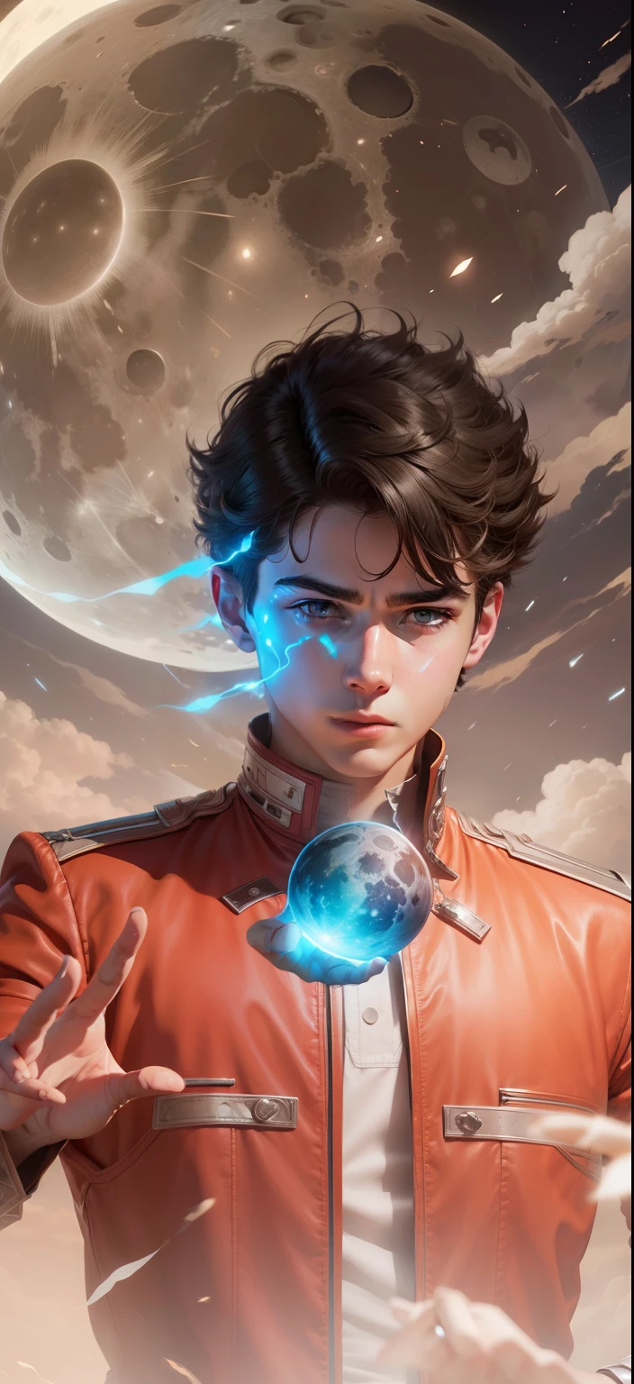 Boy With hand Magic Futuristic moon background realistic face ultra realistic high quality HD