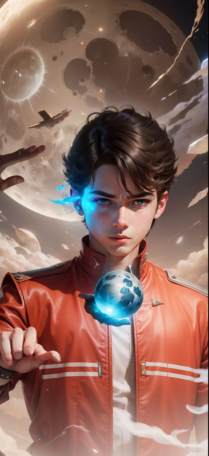 Boy With hand Magic Futuristic moon background realistic face ultra realistic high quality HD