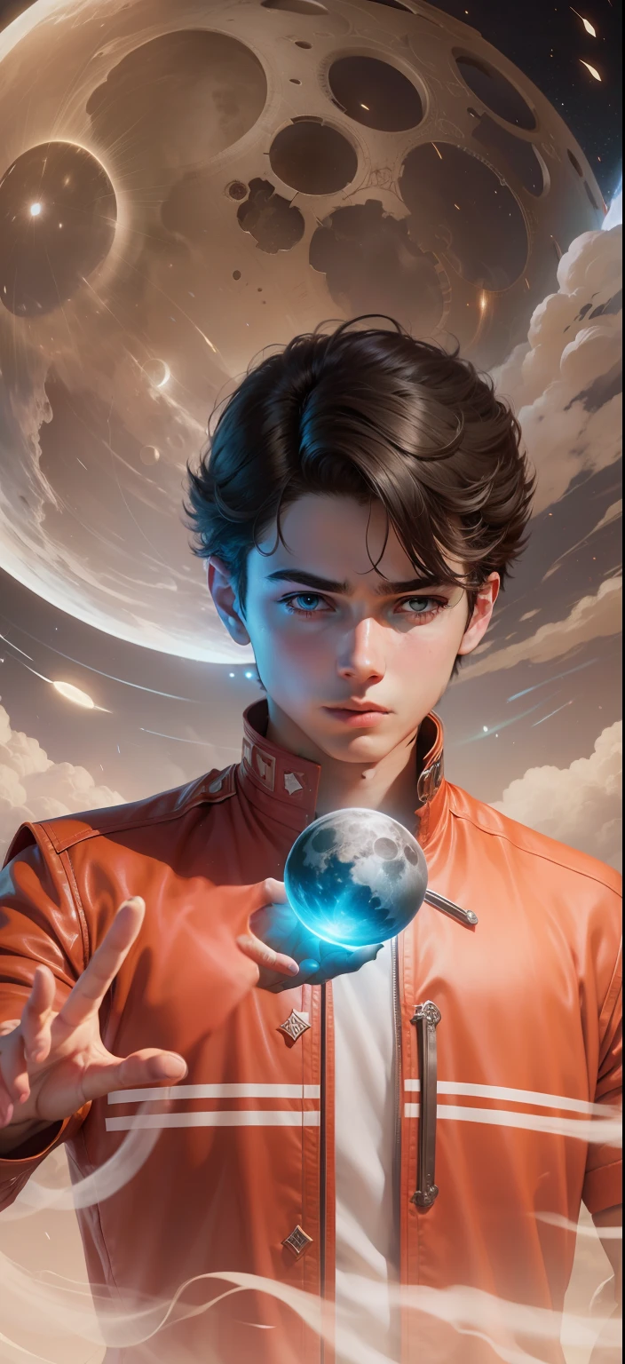 Boy With hand Magic Futuristic moon background realistic face ultra realistic high quality HD