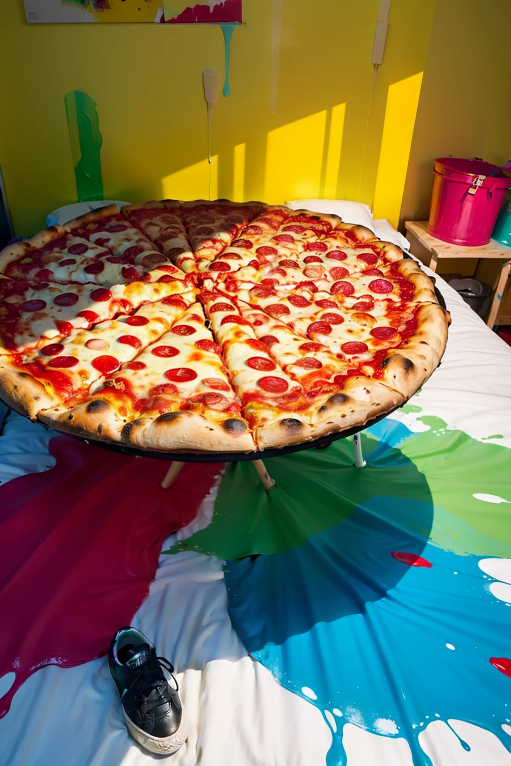 Lots of huge pizzas in bed、(Large pizza splattered with colorful paint)、Huge pizza is stained with colorful paint,a bucket with a lot of paint,,,Paint overflowing from a bucket,(Sneakers stained with paint on the bed),Pizza sticking out of bed