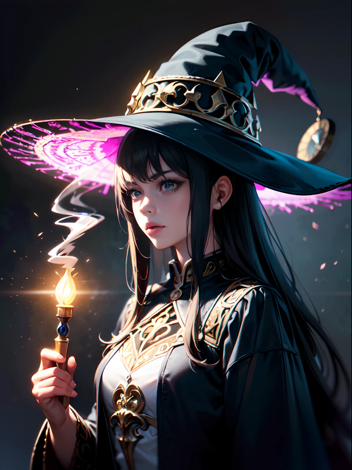 new medievalism, graphic novel cow boy shot illustration, clockpunk fusion elaborate witch, smoking with low key light, upper sky looking, (holding a horror wand :1.2), 100 years into the future witch background in detailed, tonal contrast, fantastic realism painting, digital colored, (intricately detailed texture:1.2), (insanely detailed detail:1.1), extremely detailed, professional art work, 16K, ultra quality, best quality, highest quality, multilayered, insanely detailed, (extremely intricate detailed:1.1), rendered holographic,