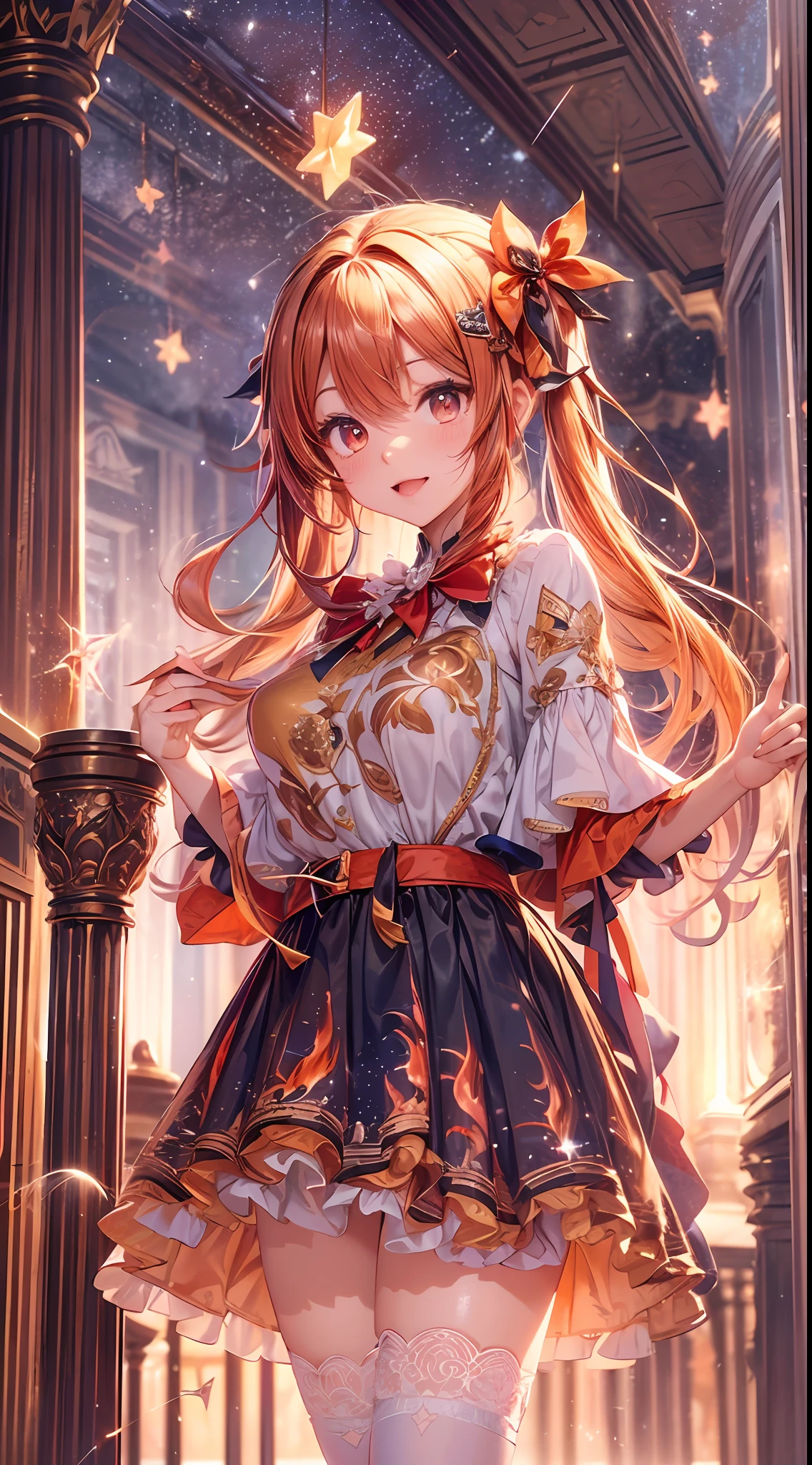 (fullbody, legs and shoes visible: 1.2)) expressive eyes, woman, pale skin, long hair, windblown hair, ((long hair)), long sidelocks, hime bangs, hair fringe, hair bun, ((long twintails)), flaming hair, red hair, blushing, full face blushing, big sparkling glowing red eyes, (gradient eyes), open mouth smile, cute pose,
flowy flaming dress, ((scarlet multicolored open dress)), (floating fire), orange ruffles, yellow frills, (light red lace), detached short sleeves, puffy skirt, ((fire and stars print skirt : 1.3)), ta skirt, dark red bows, ((pompon ribbons hair ornament : 1.4)), multiple bows, striped lace stockings, (heart shaped leg garter), cute (dark orange) shoes ((hyperdetailed clothing and fashion)) looking at you, vintage girl, blushing, (beautiful detailed eyes), (extremely detailed CG unity 8k wallpaper) (best shadow), ((an extremely delicate and beautiful)), (detailed light), ((depth of field)) big head, big sparkling eyes, moe, splash art, cinematic lighting, frontal view, volumetric lighting maximalist photo illustration 64k resolution high res intricately detailed complex key visual precise linear
((in the dark palace background, surrounded by smoking hot sparks, shooting stars)) ((hyperdetailed scenery, foggy, darkness : 1.3))