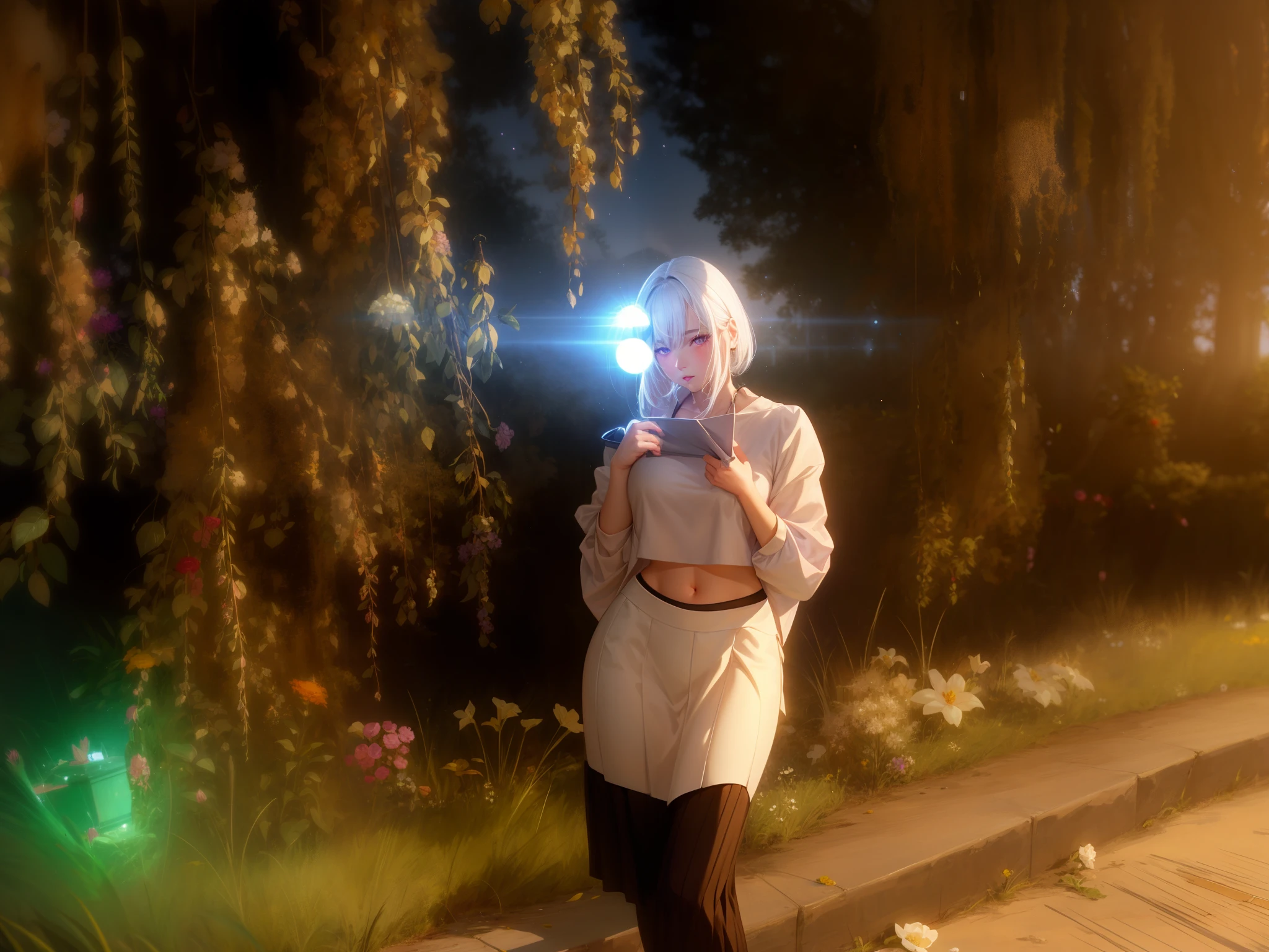 realistic, 1girl, white hair, purple eyes, glowing eyes, crop top, skirt, parted lips, blush, night, flowers, sun, sunlight,