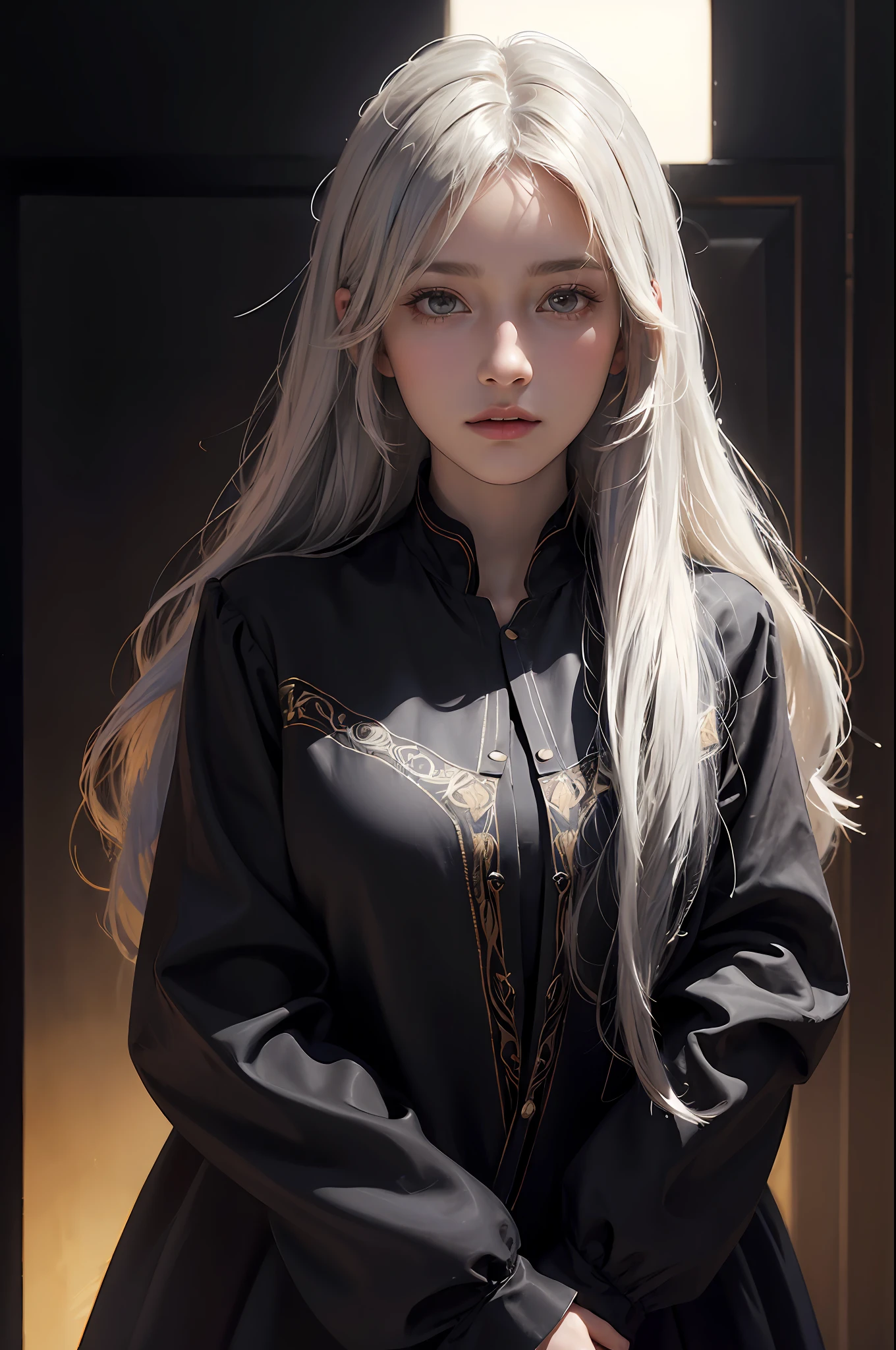 (front focus), (in the dark:1.6), Hyperrealist portrait of female by david hockney and alphonse mucha, fantasy art, photo realistic, dynamic lighting, artstation, poster, volumetric lighting, very detailed faces, 4 k, award winning, 1girl, in the dark, deep shadow, low key, cowboy shot, (official clothing:1.4), long hair, white hair
