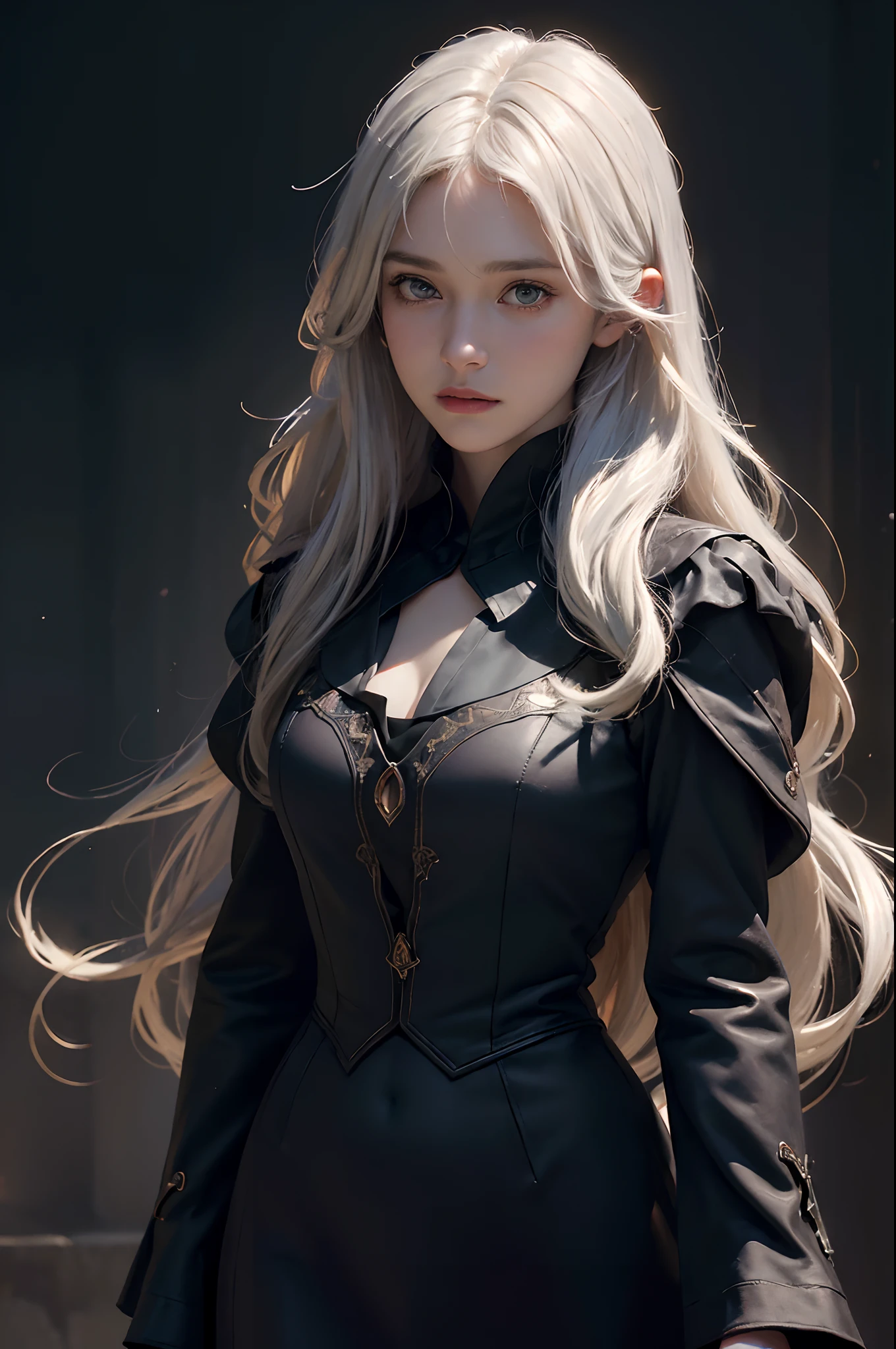 (front focus), (in the dark:1.6), Hyperrealist portrait of female by david hockney and alphonse mucha, fantasy art, photo realistic, dynamic lighting, artstation, poster, volumetric lighting, very detailed faces, 4 k, award winning, 1girl, in the dark, deep shadow, low key, cowboy shot, (official clothing:1.4), long hair, white hair