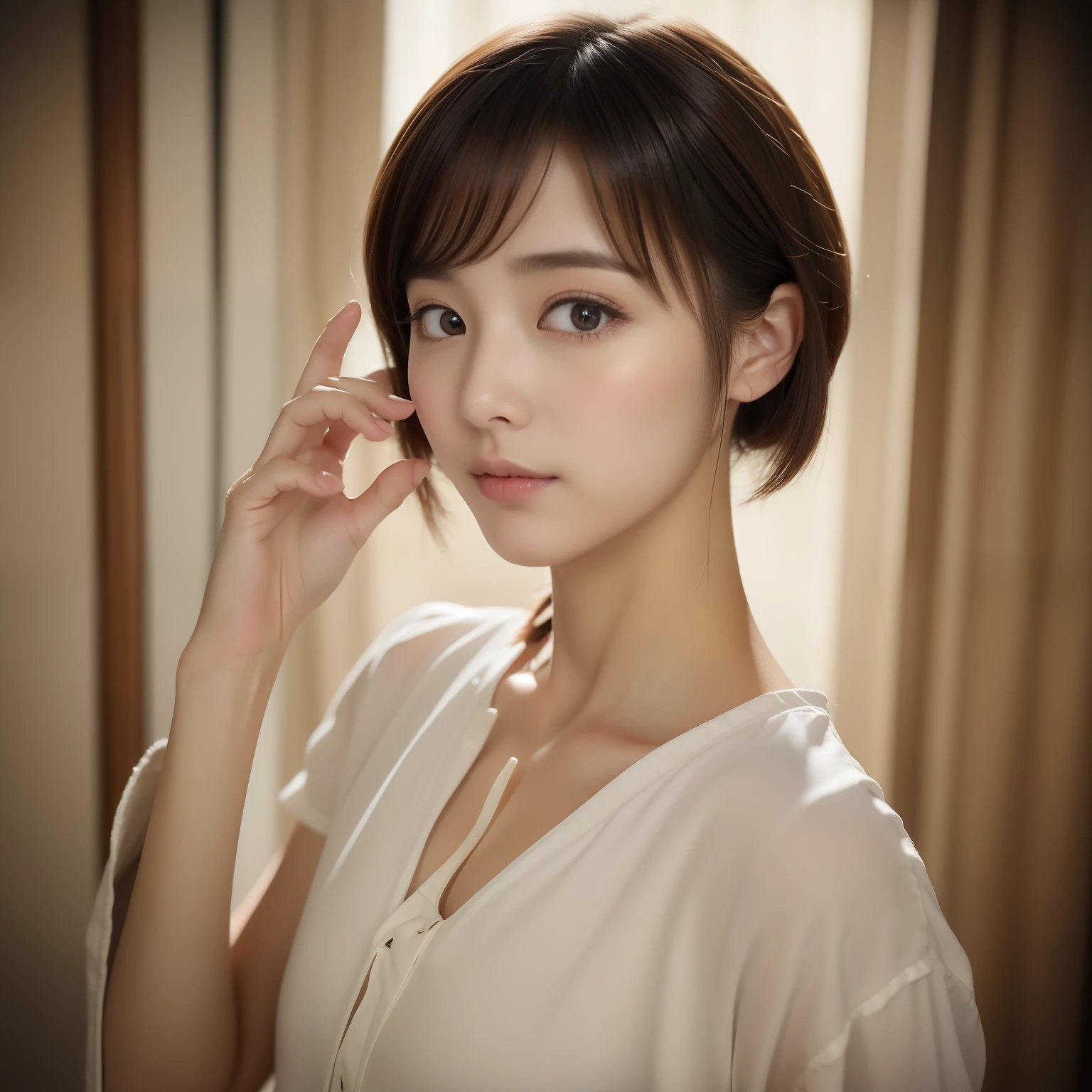 1girl in, (deep neckline:1.2), (Raw photo, Best Quality), (Realistic, Photorealsitic:1.4), masutepiece, Extremely delicate and beautiful, Extremely detailed, 2k wallpaper, amazing, finely detail, the Extremely Detailed CG Unity 8K Wallpapers, Ultra-detailed, hight resolution, Soft light, Beautiful detailed girl, extremely detailed eye and face, beautiful detailed nose, Beautiful detailed eyes, Short hair, Cinematic lighting, Winter scene, Perfect Anatomy, Slender body,
INFO camisole