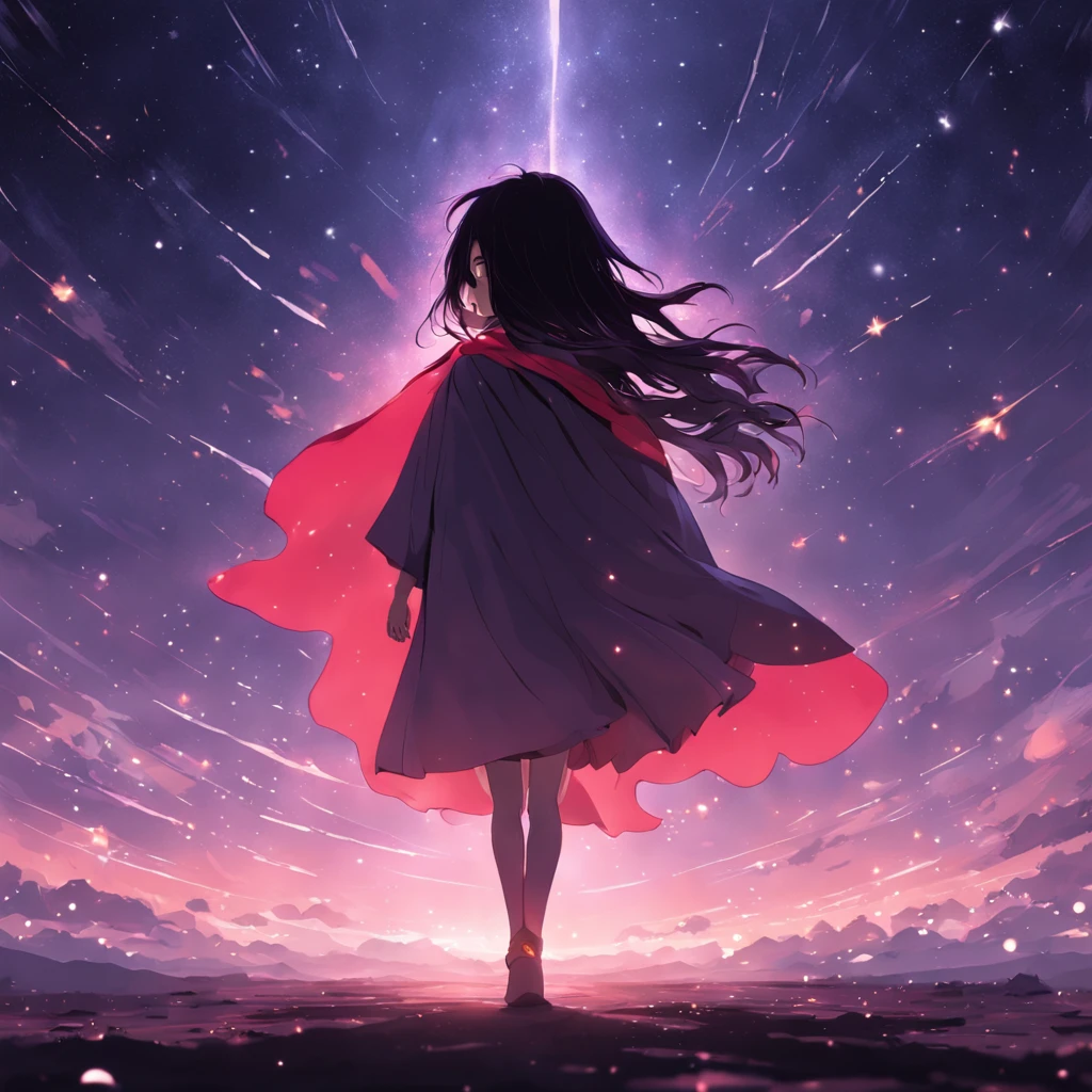 Long-haired girl wearing cape silhouette under the stars