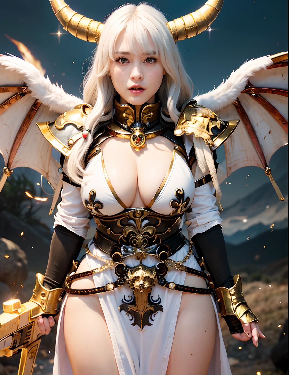 Professional , masterpiece、top-quality、photos realistic , depth of fields 、(Dragon White Body:1.9),(Enamel white、(cleavage of the breast)、Dragon Gold Weapon、Particles of light、(Dragon White Body:1.4),Gorgeous gold weapons ,(( Dragon dense and gorgeous dragon sword)) , (demonic wings) ,warhammer 40k 、((White hair))、(Castle background)、(demonic wings)、((Gangle's forest background))、Beautiful Caucasian beauty、1a person、dynamic ungle,(((Two devil's horns on the head)))、Smaller head、Strange smile、Thin and beautiful female hands、cleavage of the breast、Soldier in iron armor on background、Mystical expression、Light Effects、intense fighting、Wind-effect、magic circles、With the legendary magic wand、Dragon's tail、