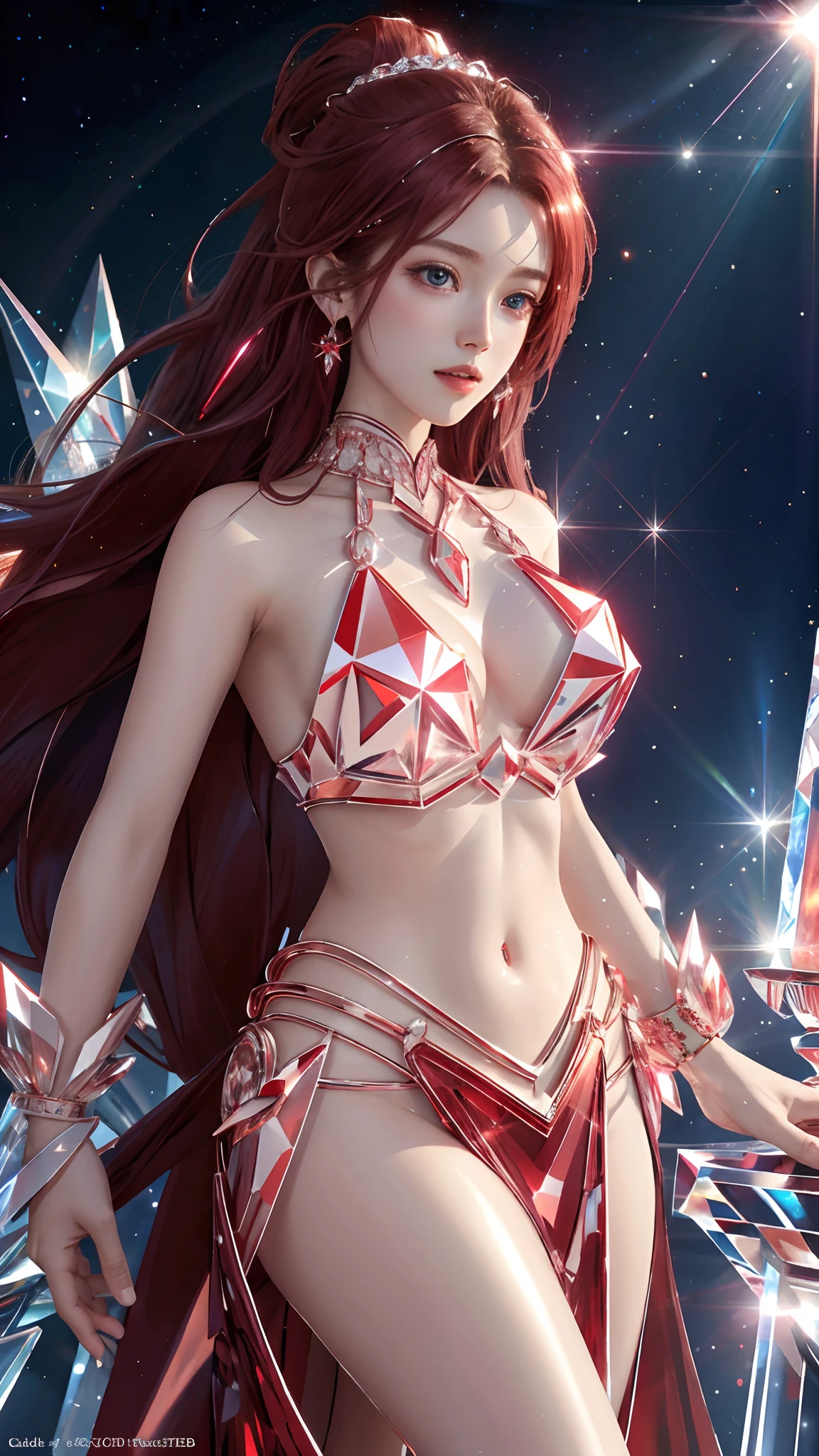 Ultra hd, 8k quality, a girl, happy, very long hair, detailed eyes, glossy lips, red Crystalline dress, red crystals, bare stomach, reflecting lights on crystals, spreading lights, attractive pose, whole body capture