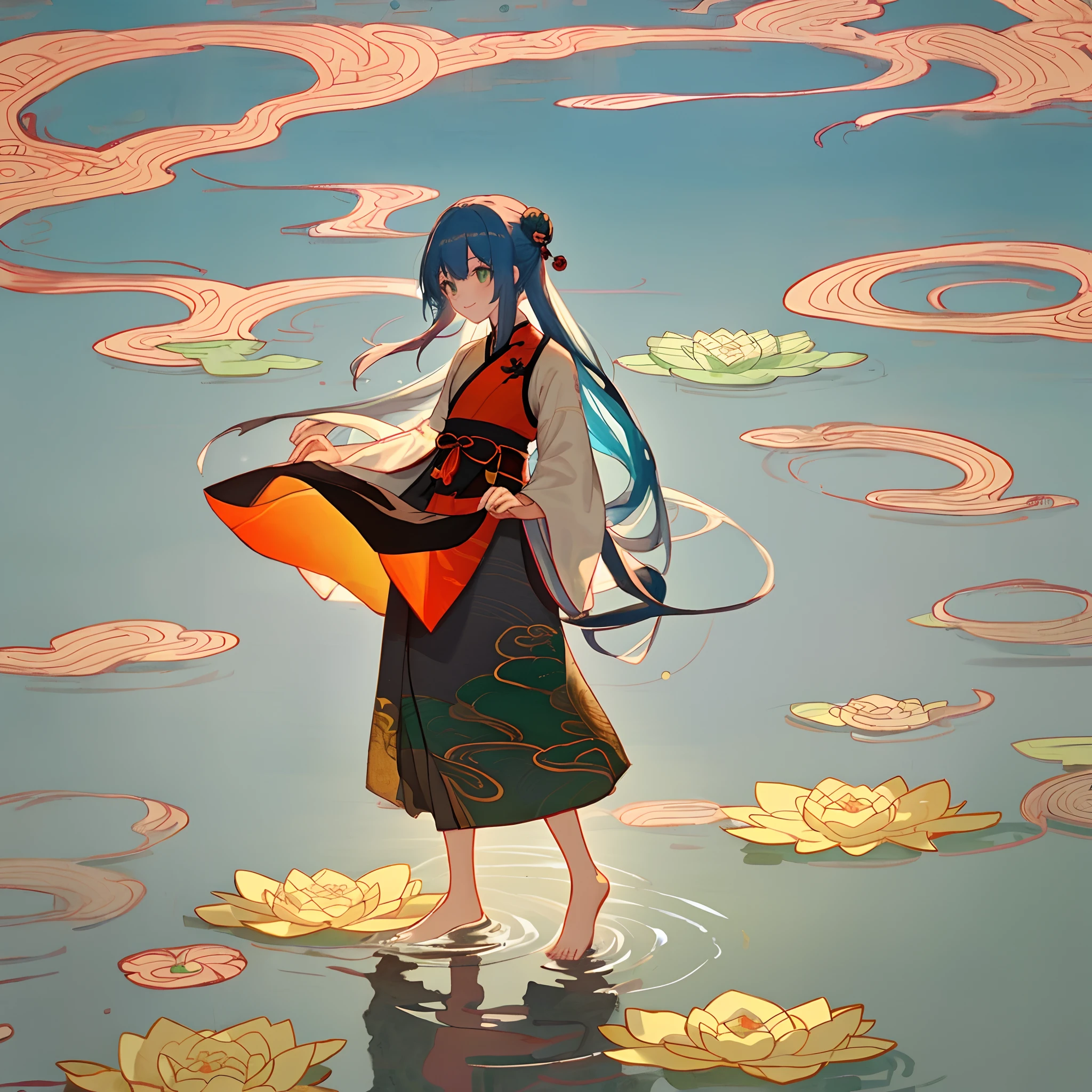 ((4k,masterpiece,best quality)), shuimobysim, Traditional chinese painting, lotuses, Hanfu, maxiskit, Dress conservatively 1girl, solo, blue long hair, ssmile, standing on your feet, Feet in the water, The barefoot,A long rainbow-colored knife