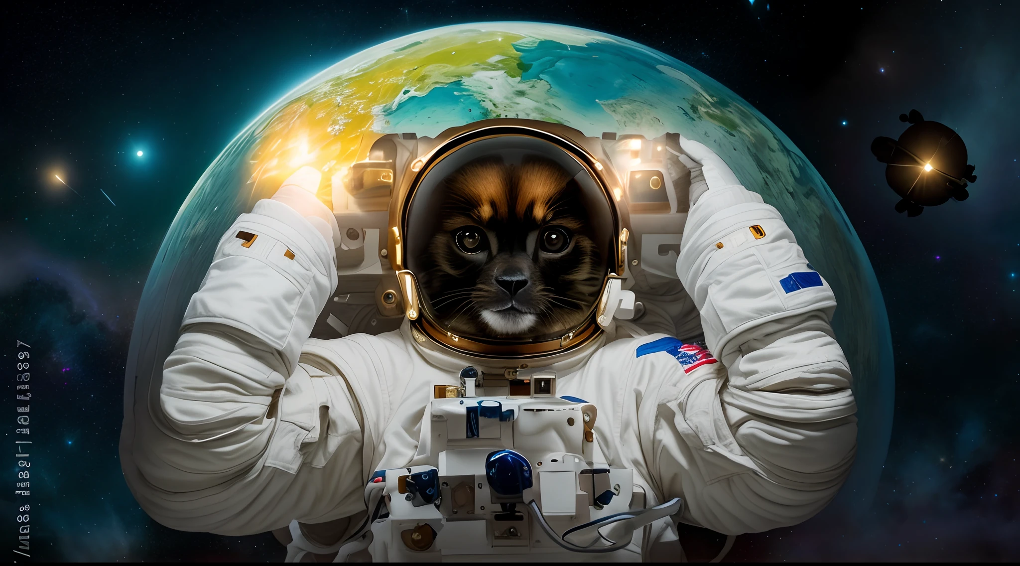 astronaut in space suit holding up his head with a glowing light, astronaut dog, dog in space, space dog, portrait of astronaut, astronaut, dog summons a spaceship, portrait of an astronaut, futuristic astronaut, cosmonaut, portrait of an ai astronaut, dog summoning a spaceship, dog in outer space, portrait of chimpanzee in space