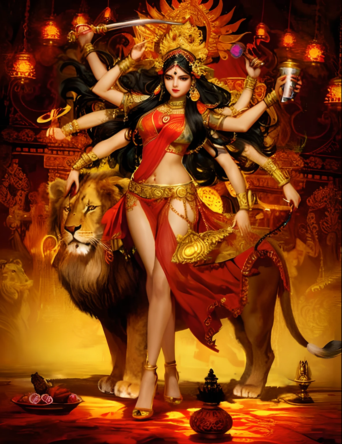 (Highly detailed), (Illustration), (Convoluted), (Beautiful face), (Attractive body), (Complete Body Picture), Modern Indian Goddess, (Transparent Red Sari), Dynamic Pose, God's Crown, (Lion Standing Nearby), Colorful, Eye-catching, Heavenly.