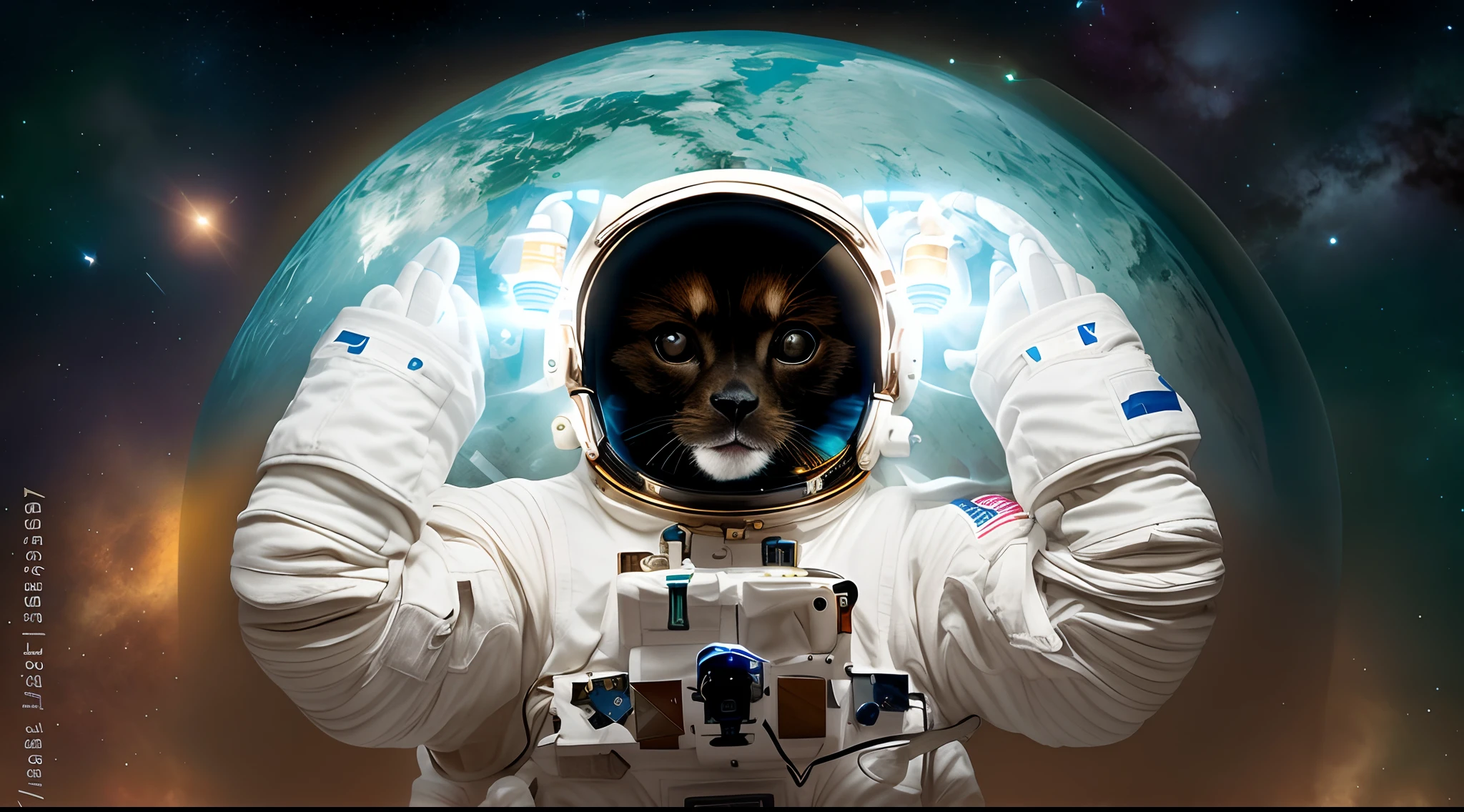 astronaut in space suit holding up his head with a glowing light, astronaut dog, dog in space, space dog, portrait of astronaut, astronaut, dog summons a spaceship, portrait of an astronaut, futuristic astronaut, cosmonaut, portrait of an ai astronaut, dog summoning a spaceship, dog in outer space, portrait of chimpanzee in space