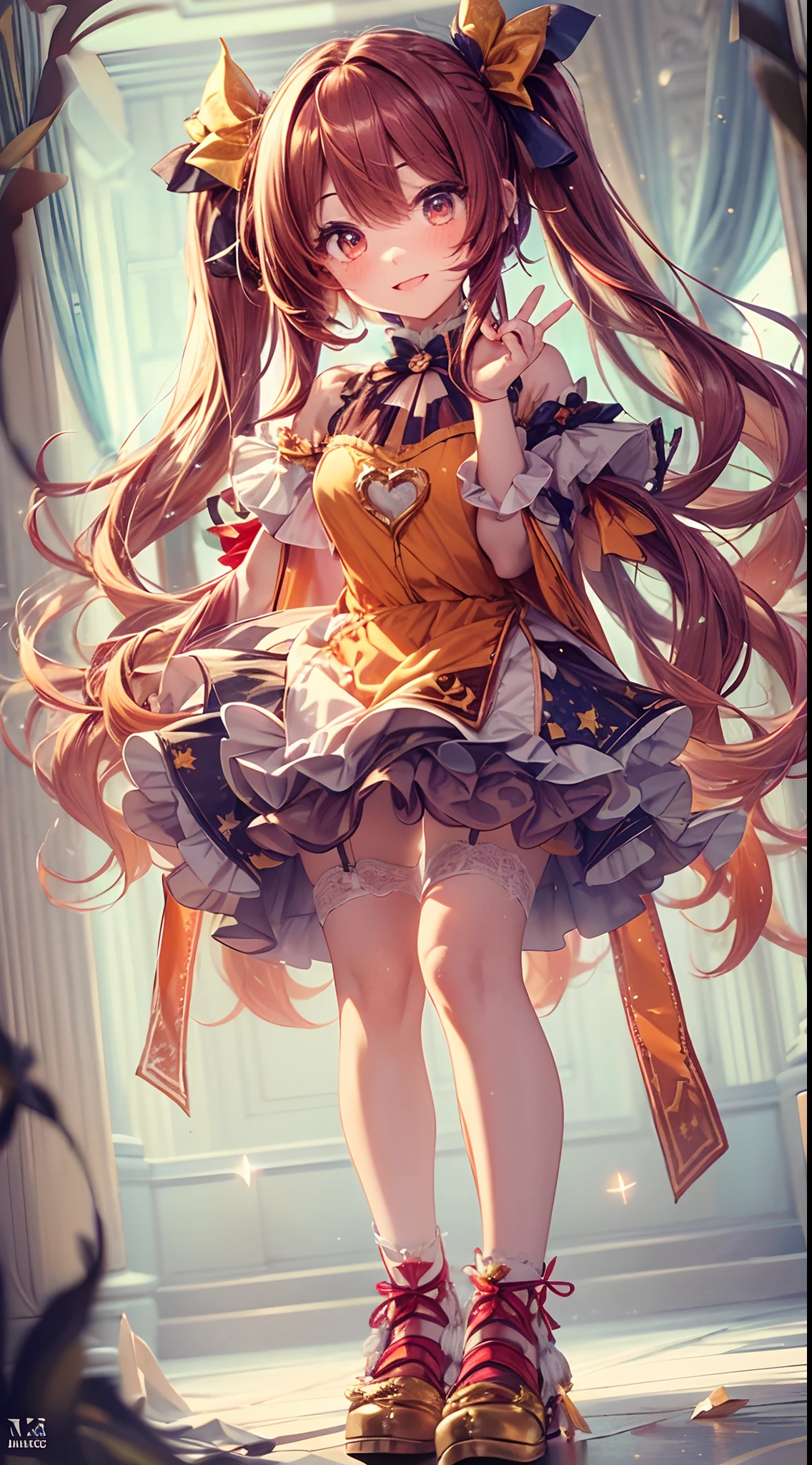 (fullbody, legs and shoes visible: 1.2)) expressive eyes, woman, pale skin, long hair, windblown hair, ((long hair)), long sidelocks, hime bangs, hair fringe, hair bun, ((long twintails)), flaming hair, red hair, blushing, full face blushing, big sparkling glowing red eyes, (gradient eyes), open mouth smile, cute pose,
flowy flaming dress, ((scarlet multicolored open dress)), (mist), orange ruffles, yellow frills, (light red lace), detached short sleeves, puffy skirt, ((fire and stars print skirt : 1.3)), lolita skirt, dark red bows, ((pompon ribbons hair ornament : 1.4)), multiple bows, striped lace stockings, (heart shaped leg garter), cute (dark orange) shoes ((hyperdetailed clothing and fashion)) looking at you, vintage girl, blushing, (beautiful detailed eyes), (extremely detailed CG unity 8k wallpaper) (best shadow), ((an extremely delicate and beautiful)), (detailed light), ((depth of field)) big head, big sparkling eyes, moe, splash art, cinematic lighting, frontal view, volumetric lighting maximalist photo illustration 64k resolution high res intricately detailed complex key visual precise linear 
((in the dark palace background, surrounded by expensive decor, shooting stars)) ((hyperdetailed scenery, foggy, darkness : 1.3))