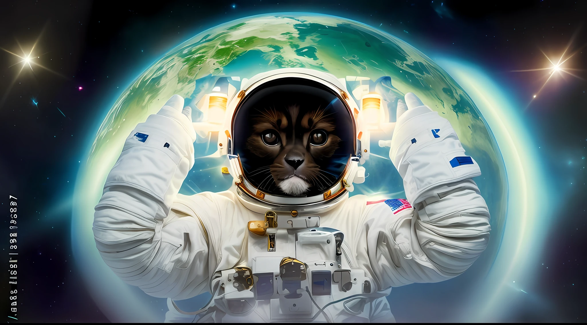astronaut in space suit holding up his head with a glowing light, astronaut dog, dog in space, space dog, portrait of astronaut, astronaut, dog summons a spaceship, portrait of an astronaut, futuristic astronaut, cosmonaut, portrait of an ai astronaut, dog summoning a spaceship, dog in outer space, portrait of chimpanzee in space