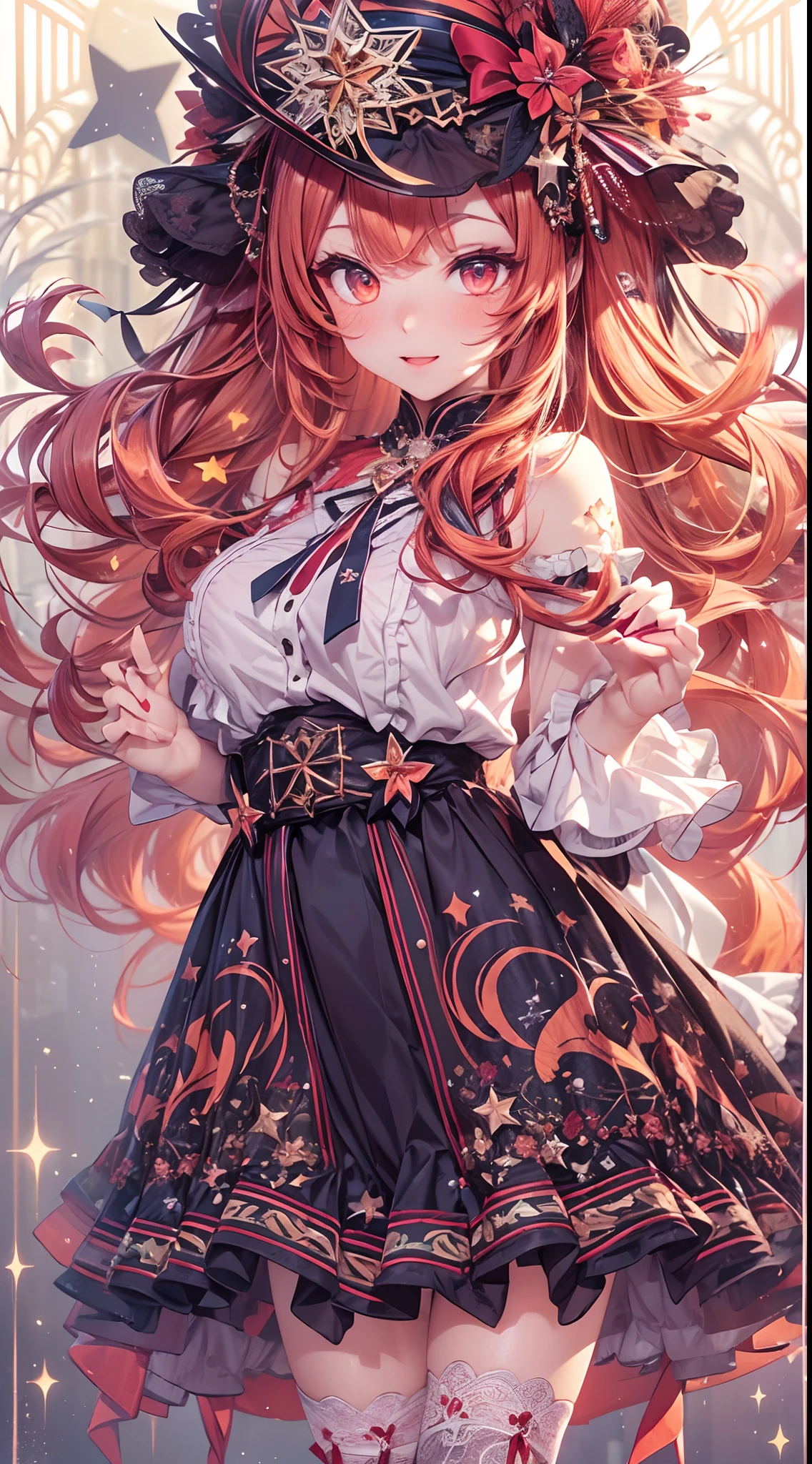 (fullbody, legs and shoes visible: 1.2)) expressive eyes, woman, pale skin, long hair, windblown hair, ((long hair)), long sidelocks, hime bangs, hair fringe, hair bun, ((long twintails)), flaming hair, red hair, blushing, full face blushing, big sparkling glowing red eyes, (gradient eyes), open mouth smile, cute pose,
flowy flaming dress, ((scarlet multicolored open dress)), (mist), orange ruffles, yellow frills, (light red lace), detached short sleeves, puffy skirt, ((fire and stars print skirt : 1.3)), ta skirt, dark red bows, ((pompon ribbons hair ornament : 1.4)), multiple bows, striped lace stockings, (heart shaped leg garter), cute (dark orange) shoes ((hyperdetailed clothing and fashion)) looking at you, vintage girl, blushing, (beautiful detailed eyes), (extremely detailed CG unity 8k wallpaper) (best shadow), ((an extremely delicate and beautiful)), (detailed light), ((depth of field)) big head, big sparkling eyes, moe, splash art, cinematic lighting, frontal view, volumetric lighting maximalist photo illustration 64k resolution high res intricately detailed complex key visual precise linear 
((in the dark palace background, surrounded by expensive decor, shooting stars)) ((hyperdetailed scenery, foggy, darkness : 1.3))