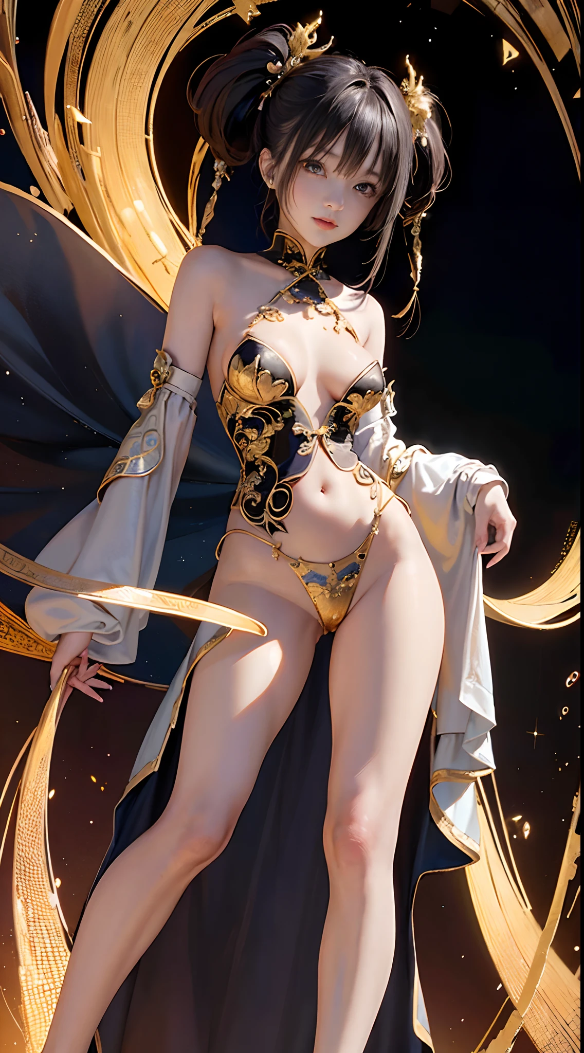 (Masterpiece, Top Quality, Best Quality, Ultimate Detail, Highest Detail, Official Art, Beauty & Aesthetics: 1.2), Golden Ratio, Full Composition, official art, Unity 8k wallpaper, super detailed, beautiful, (fractal art: 1.4), 1 girl, shocking domineering Chinese dragon, detailed tap, black hair, long ponytail, Chinese, very detailed, dynamic angle, full body, crystallineAI, from below, naked,in the cosmos