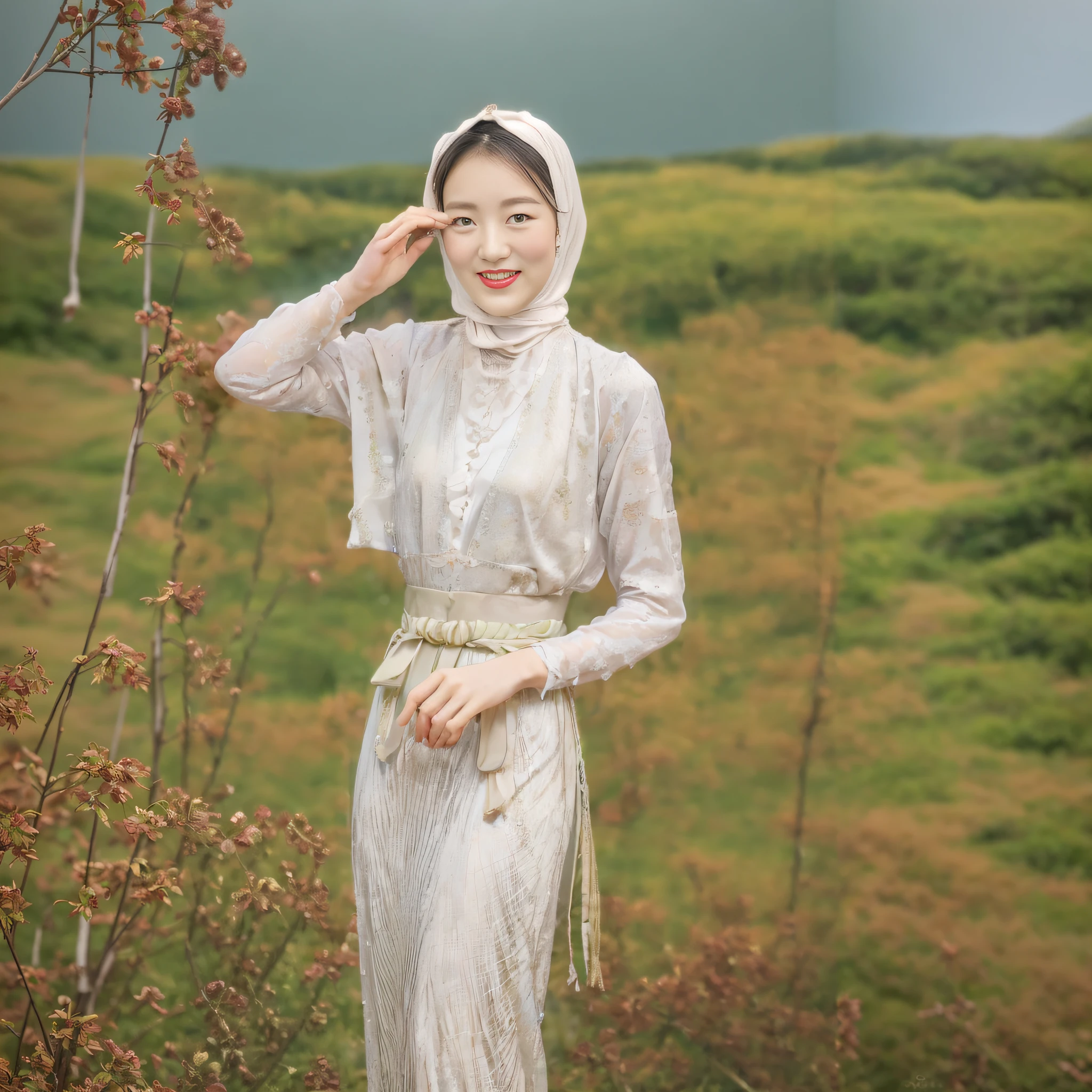 there is a woman in a long skirt standing in a field, with acient chinese clothes, wearing wheat yellow gauze, korean women's fashion model, jia, inspired by Lü Ji, hanfu, white hanfu, dressed with long fluent clothes, sha xi, dilraba dilmurat, traditional clothes, ao dai, 1 9 2 0 cloth style