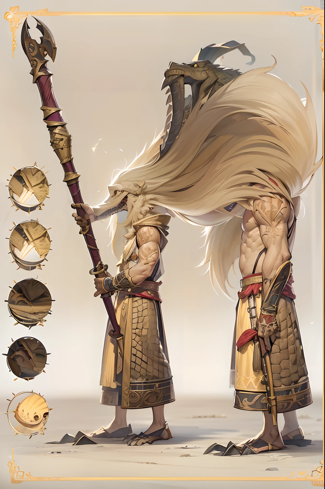 Game character standing drawing design，Disney animation，style of disney animation，Crocodile wizard，coda，Thick scales，Fur shoulders，Stout limbs，Muscle explosions，Equipped with a huge bone staff，Different layers overlay，Different angles，（Left view full body：1.4），solid color backdrop，clean backdrop，depth of fields，high light，Real light，Ray traching，OC renderer，UE5 renderer，Hyper-realistic，best qualtiy，8K，Works of masters，super-fine，Detailed pubic hair，Correct anatomy，