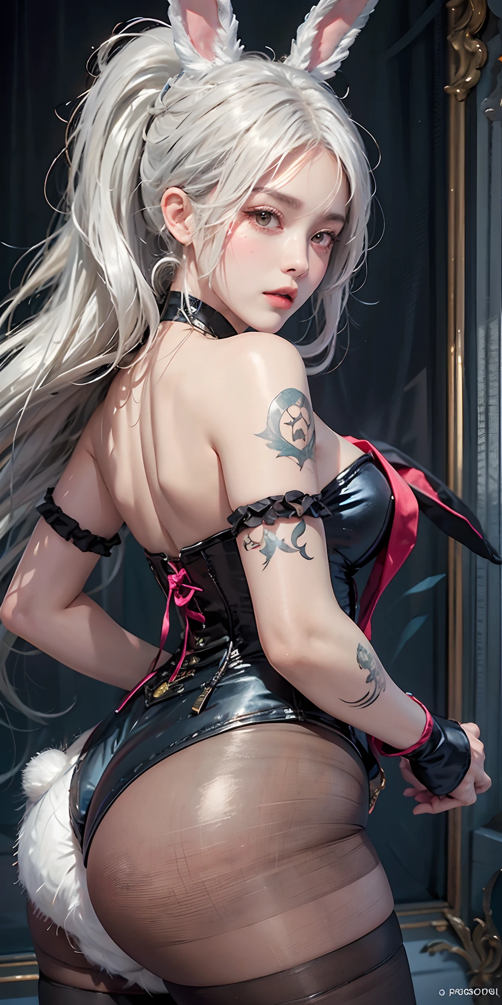 photorealistic, high resolution, soft light,1women, solo, hips up, shining skin, (detailed face), strapless leotard, pantyhose, rabbit ears, folded ponytail, white hair, necktie, wrist cuffs (wearing a satin corset and thigh highs), jewelry, tattoo, fake bunny tail, white tail, back view