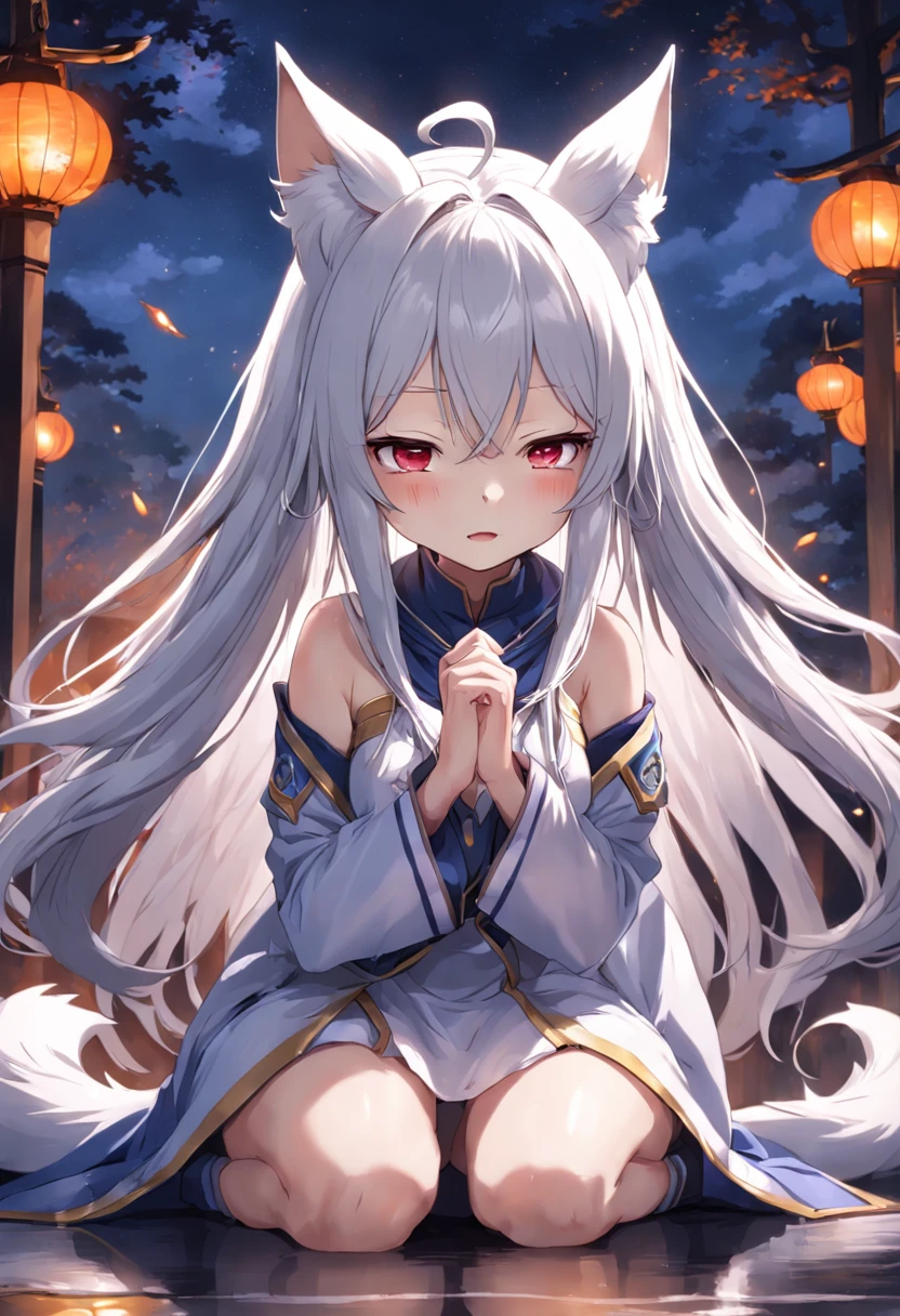top-quality、(kawaii:1.1)、(cute little)、(hight resolution:1.2)、incredibly fine illustrations、Girl in priestess uniform with long silver hair fox ears was forced to have sex in a park at night、Fall down、Face contorted in fear and crying