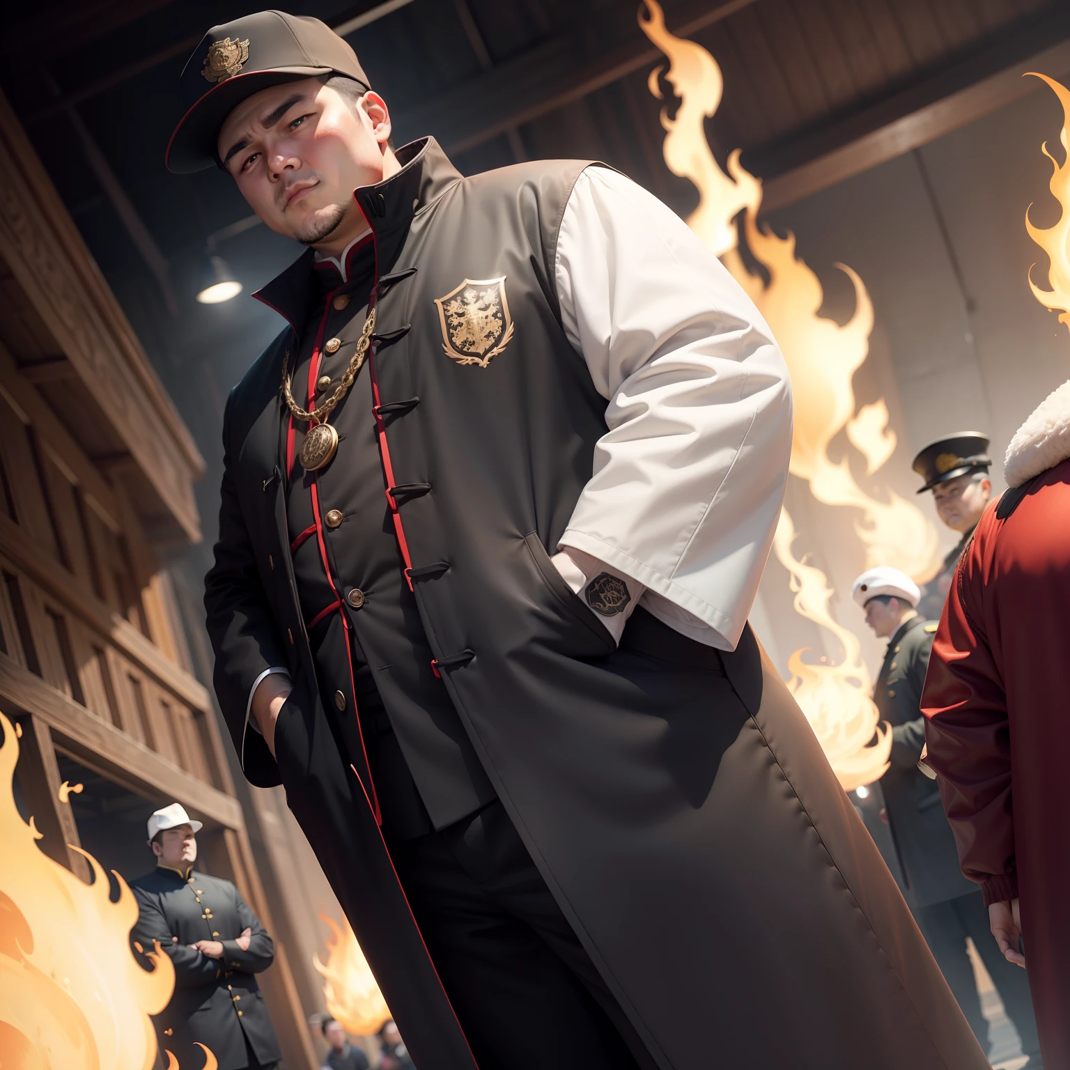 white backgrounid,There is a round flame coat of arms。A slightly chubby man stood in the middle,Put your hands in your pockets,Wear a black hat,Asian people,The dressing style is black and red