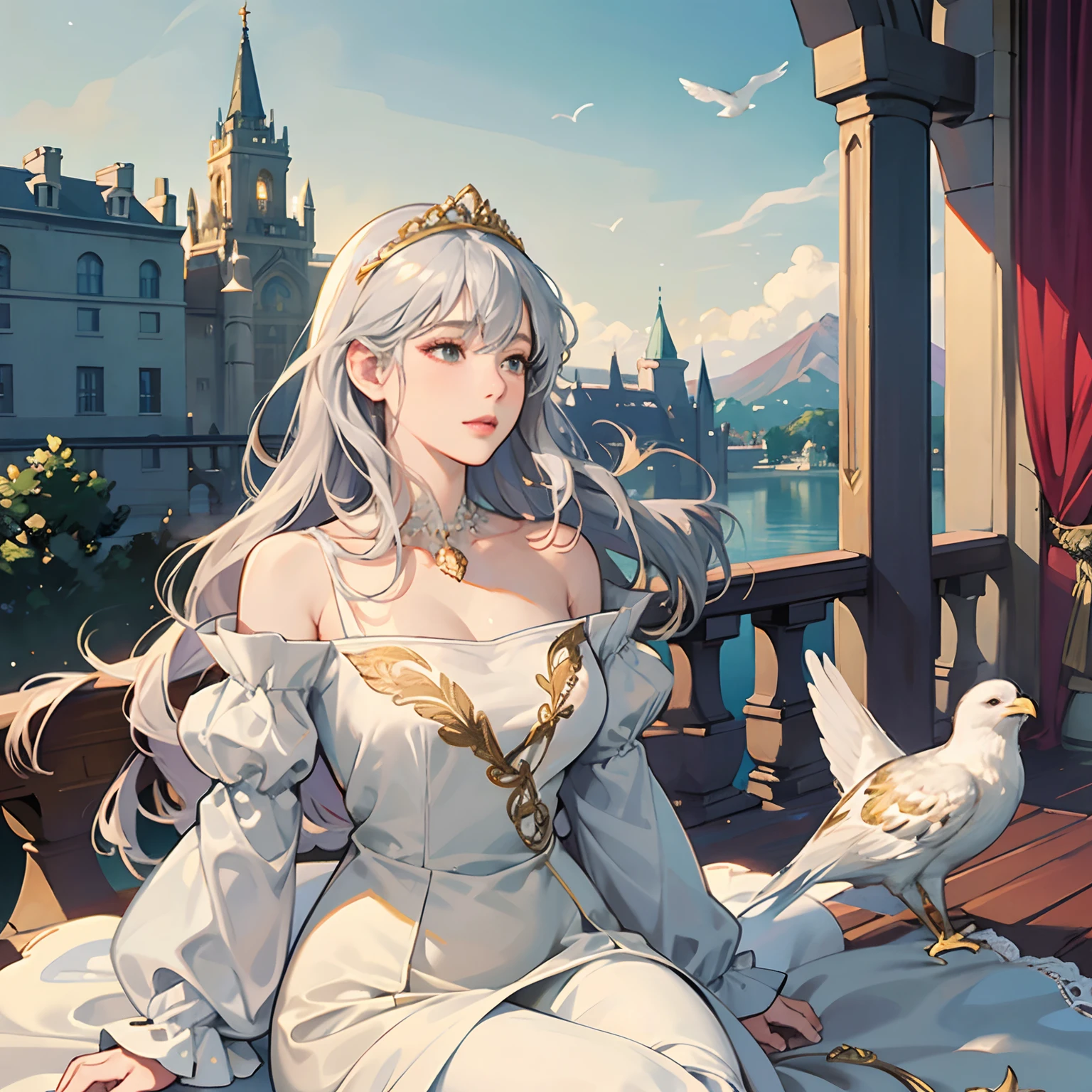 Women in Their 20s, Fantasia、offcial art, unity 8k wall paper, ultra-detailliert, beautifly、Aesthetic, ​masterpiece, top-quality, Photorealsitic, A Princess、Silver hair、Luxurious white dress、a golden tiara、Gold embroidered red curtain、Bird feather ornament、Diamond necklace、Red eagle emblem flags lined up、Flowing in the wind、Castle balcony、green plant、depth of fields, Fantastic atmosphere, Calm palette, tranquil mood, Soft shading、bbw、very large breast、plump figure、Flock of small white birds