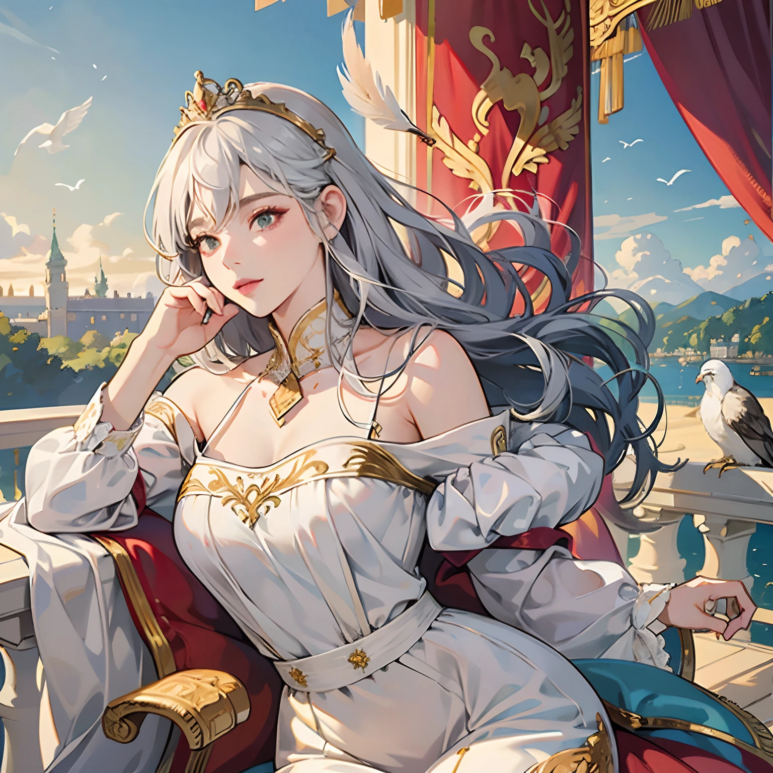 Women in Their 20s, Fantasia、offcial art, unity 8k wall paper, ultra-detailliert, beautifly、Aesthetic, ​masterpiece, top-quality, Photorealsitic, A Princess、Silver hair、Luxurious white dress、a golden tiara、Gold embroidered red curtain、Bird feather ornament、Diamond necklace、Red eagle emblem flags lined up、Flowing in the wind、Castle balcony、green plant、depth of fields, Fantastic atmosphere, Calm palette, tranquil mood, Soft shading、bbw、very large breast、plump figure、Flock of small white birds