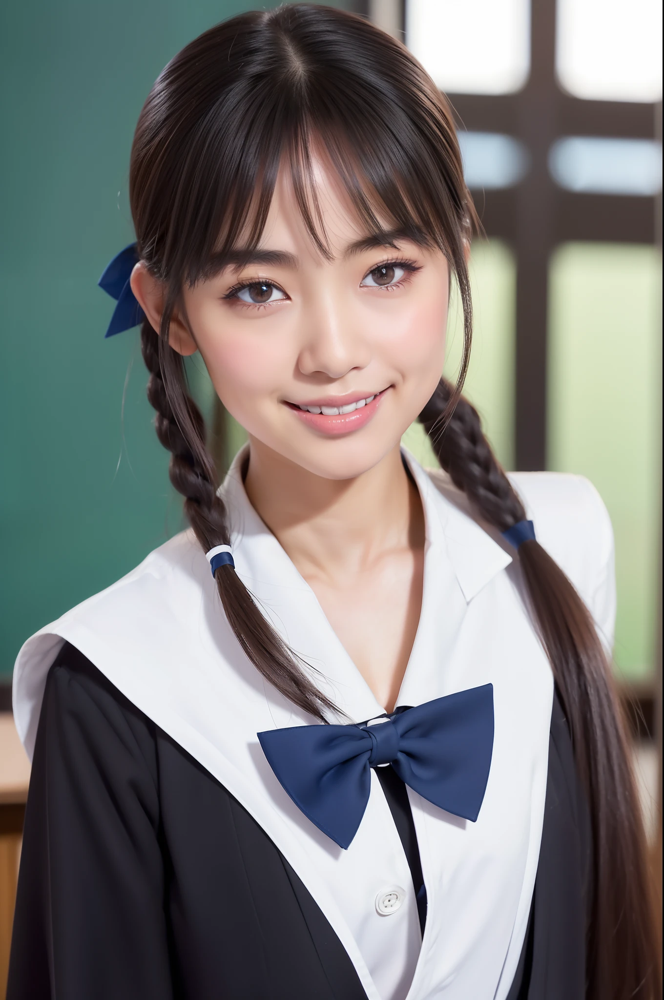 ((Classroom、hi-school girl、校服、Chest ribbon、A slight smil、top-quality、8k、masterpiece:1.5))、foco nítido:1.5、Beautiful woman with perfect body:1.5、slim abdomen:1.2、((poneyTail、huge tit:1.2))、Highly detailed facial and skin texture、 A detailed eye、二重まぶた