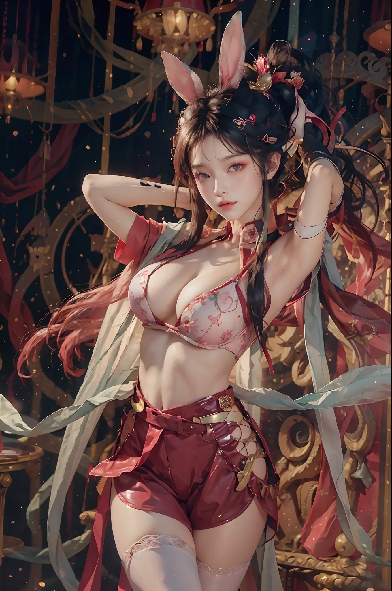 (RAW photo, best quality, mastery:1.2), (realistic, photo-realistic:1.4),(masterpiece:1.4),(best quality:1.4),1girl, solo, :d, Ear headphones, beast ear, Arms up，By bangs，Be red in the face，Tights，nedium breasts，rabbit pose，Clothes writing，Cover the navel，cowboy lens，Cropped jacket，fakeanimalears，mitts，exteriors，Morning，yuki，hair intakes，Earphone，Impossible tights，Impossible clothes，jaket，huge tit，latex，latex body suit，long whitr hair，longer sleeves，looking at viewert，huge tit，Multicolored gloves，with her mouth open，Pink tights，Pink eyes，red color eyes，red blous，shinning clothes，shrug\（The clothes ar\），sidelocks , tight-fitting, ssmile, Thigh crevices, upper legs, dual horsetail, Very long hair, whitegloves, White hair, Bare breasts，tit，alice\(nikke\),(shiny skin), realisticlying,