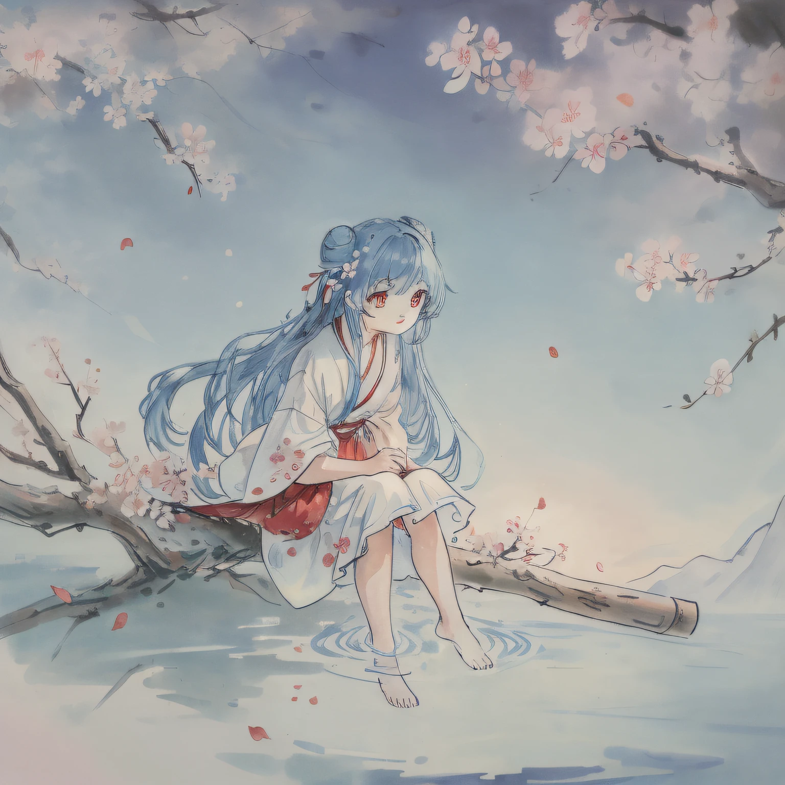 (best quality), (masterpiece), incredibly_absurdres, highly detailed, refined rendering, illustration, (highres), original, night_sky, 
(close_on:1.2), (close shot), (a girl:1.3) is (sitting on the tree) and soaking feet, [[light smile]], (baby_blue hair), very_long_hair, water inner hair, little double bun, (beautiful detailed eyes), (red eyes), floating ribbon, 
(peach blossom), flowers, (flower) tree, Petals on water, floating Petals, [[full moon]]