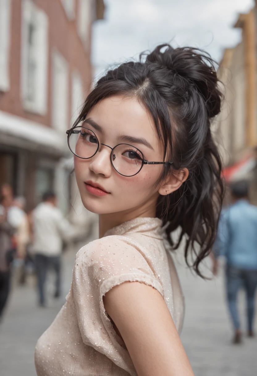 black-framed round glasses, two braids, messy hair, freckles around nose, black hair, chinese girl, 17 years old, slim dancer-body, high detailed, sharp focus, photorealism, city scape in the background