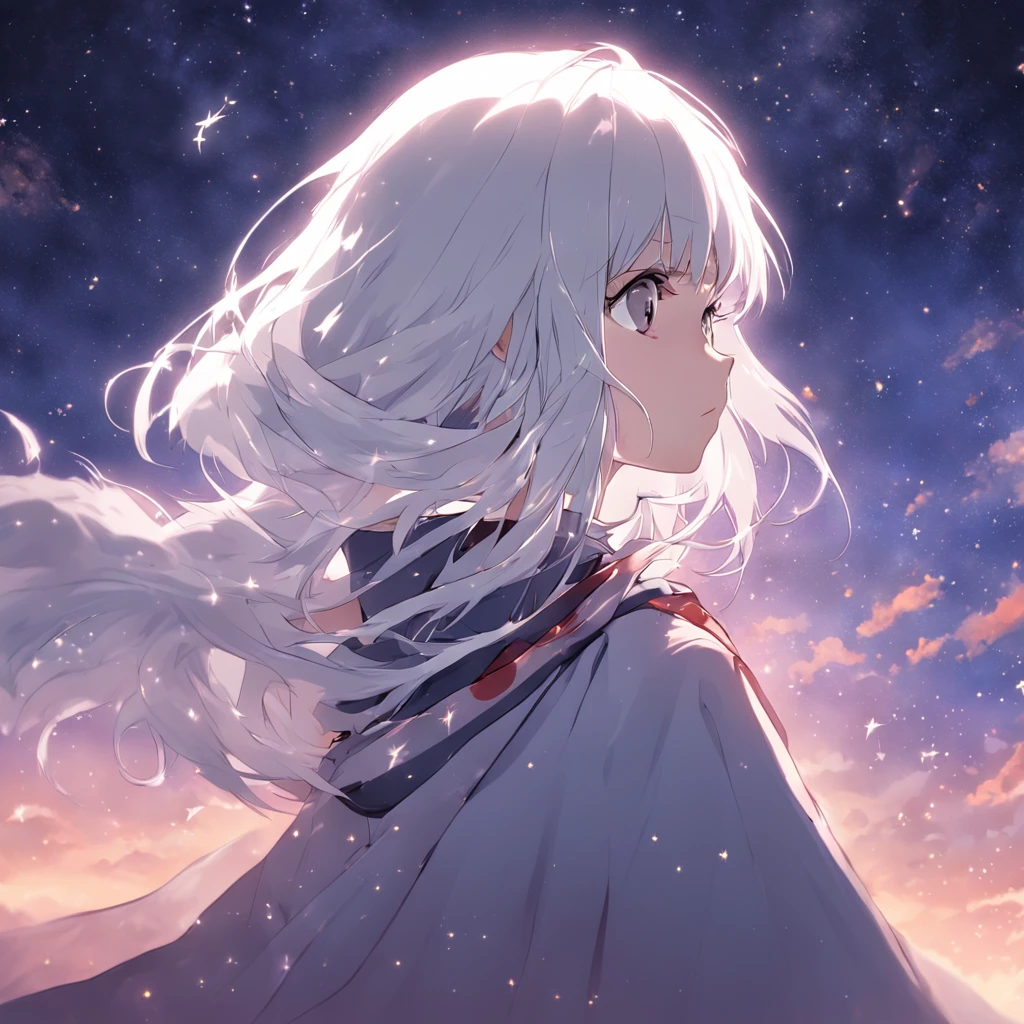 White hair cape girl starry back under the sky