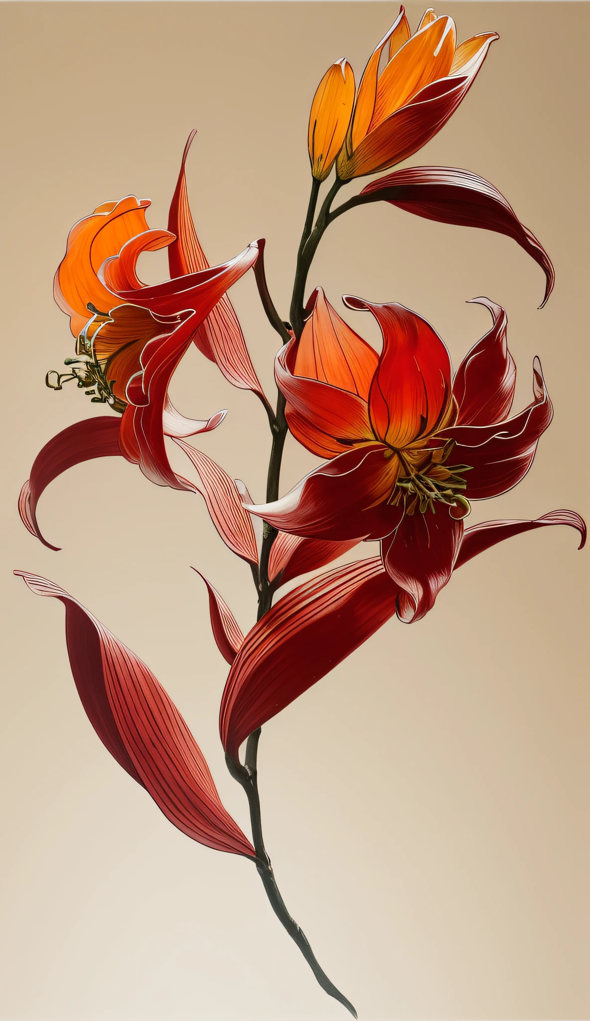 Red flowers bloom on knotty branches，greybackground，simple backgound，in the style of light orange and light beige，minimalist images，photographic installations，Paleonucleus，green and crimson，ultra-realistic realism，Poetic intimacy